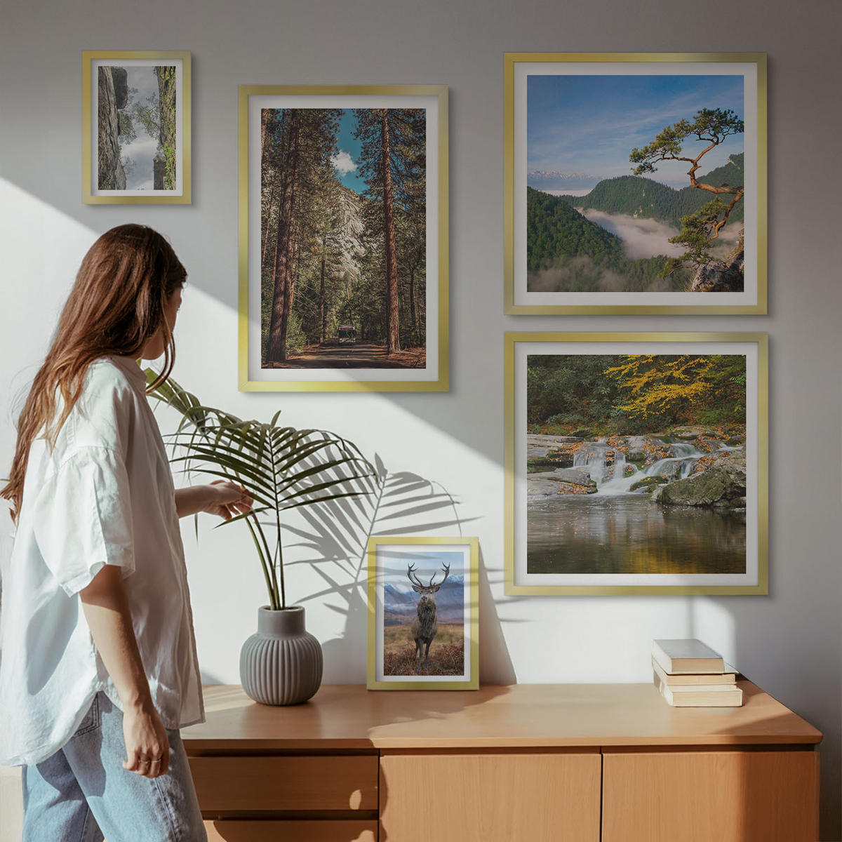 WANDBILDER 5er Set - 50x50 cm & 20x30 cm & 40x60 cm Goldrahmen - Wasserfall Wald Berge Hirsch Natur - Goldfarben, Kunststoff (40/60cm) - ArtPrintCave
