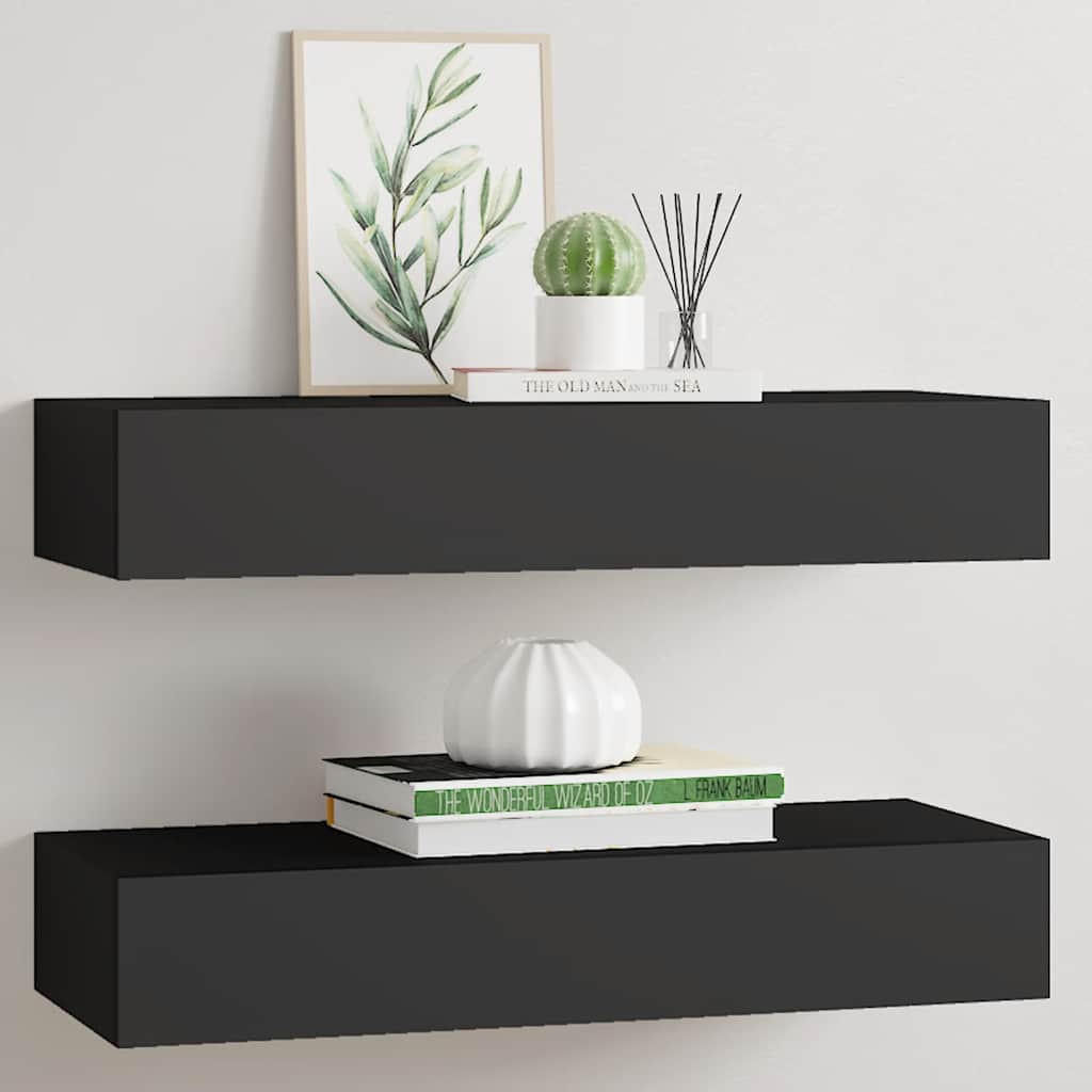 WANDREGALE mit Schubladen 2 Stk. Schwarz 60x23,5x10 cm - Schwarz, Holzwerkstoff (60/10/23.5cm) - furnicato