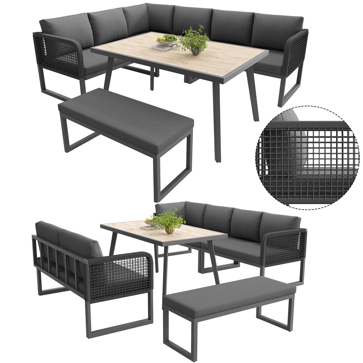 LOUNGESET 6-8 Personen PE-Rattan Grau Mit Hochwertigen Kissen - Grau, Metall - FLIEKS