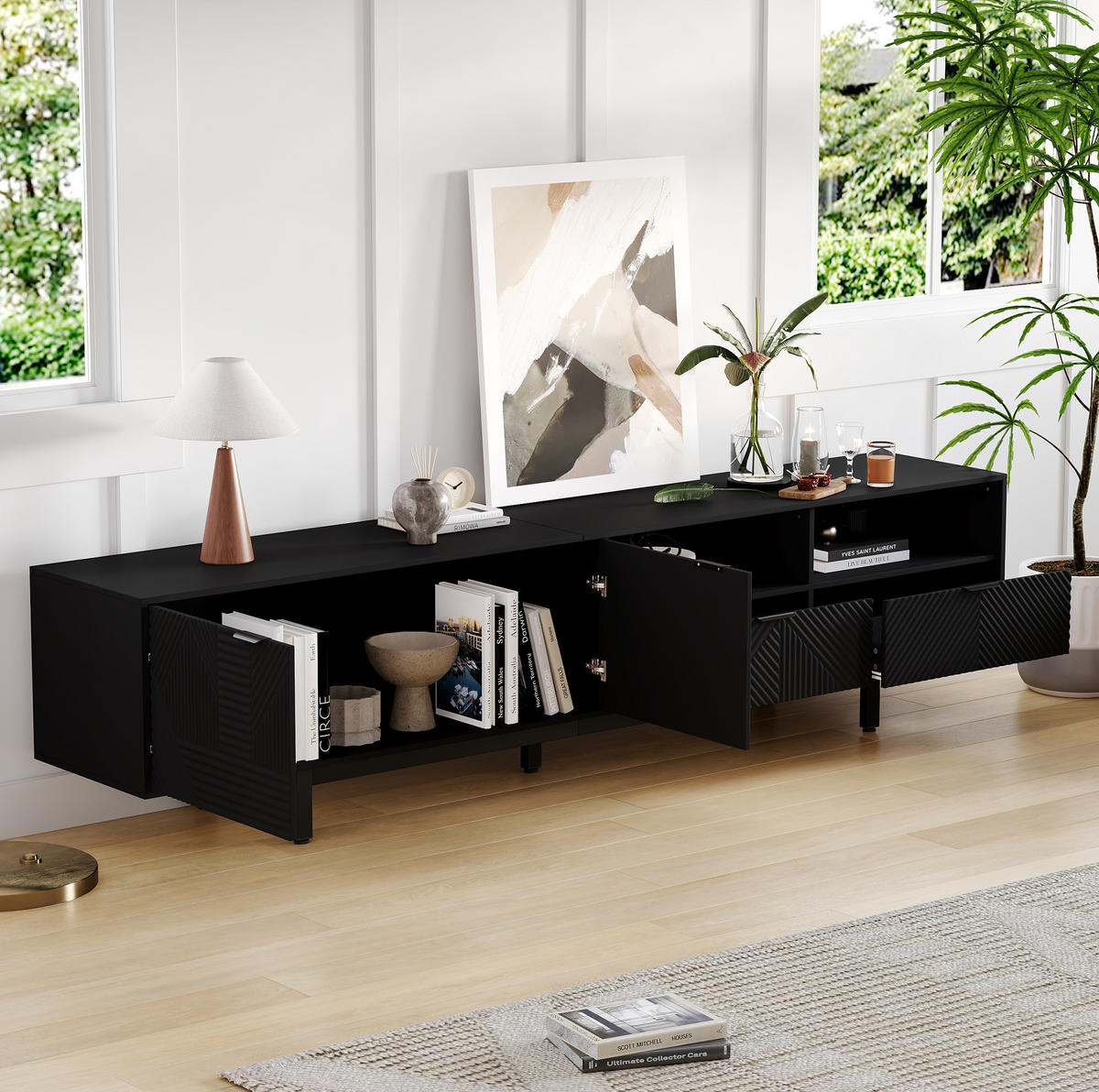 TV-LOWBOARD 200/40/51 cm mit Stauraum, Kabeldurchlass und 2 Türen aus Spanplatte, geometrisches Design, Schwarz - Schwarz, Holzwerkstoff (200/51/40cm) - Redom