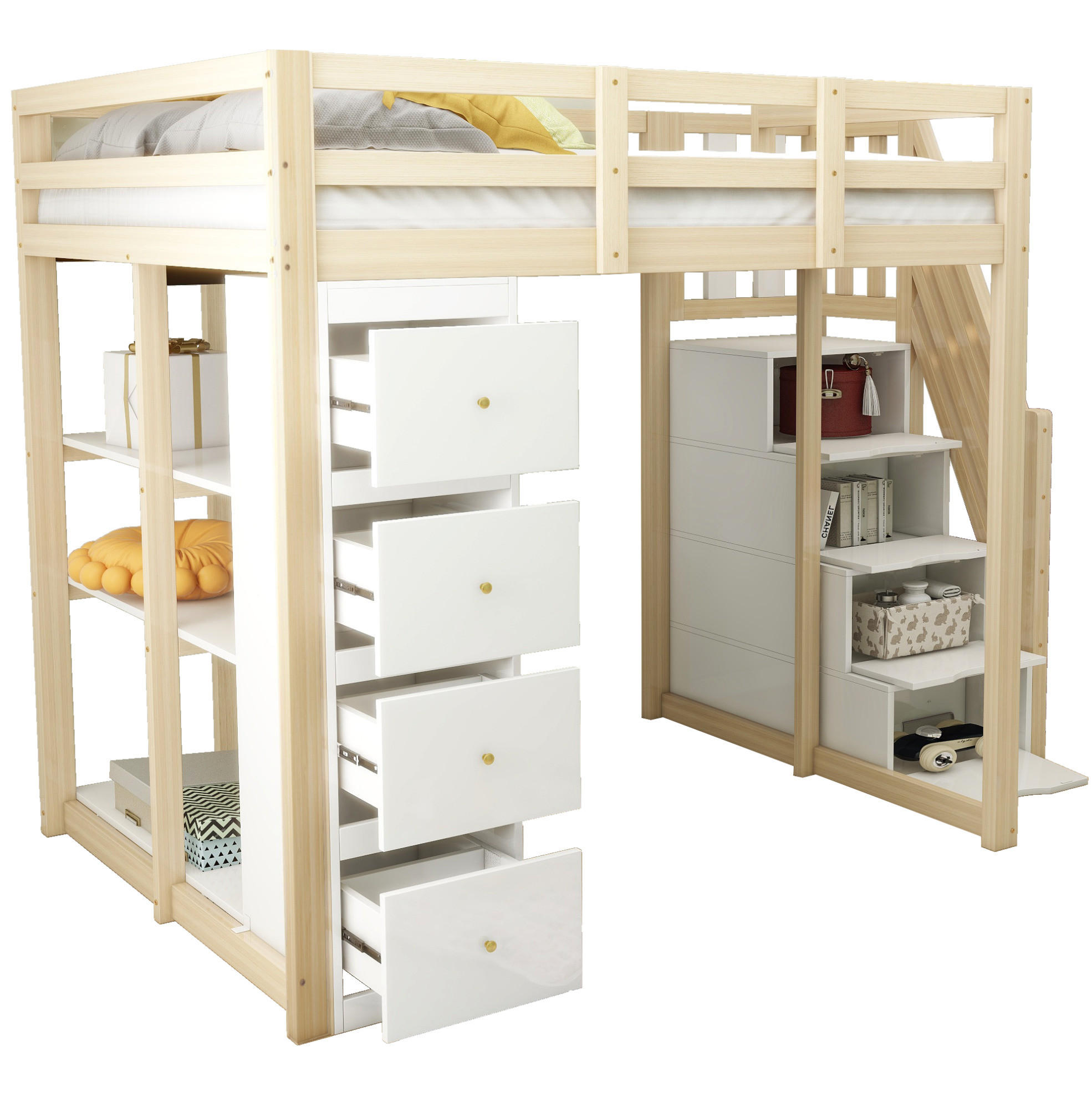 HOCHBETT 140/200 cm aus Massivholz – mit Stauraum, Rausfallschutz und Leiter - Weiß, Holz (140/200cm) - BEAOK