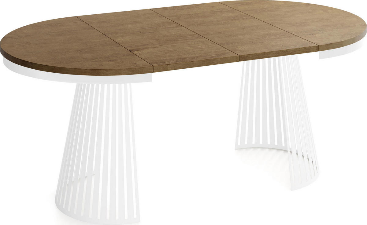 ESSTISCH Naro rund ausziehbar mit Weißem Lamellen-Metallgestell, Braun 120-200/120/76 cm - Alteiche/Braun, Holzwerkstoff/Metall (120/196/76cm) - WFL GROUP