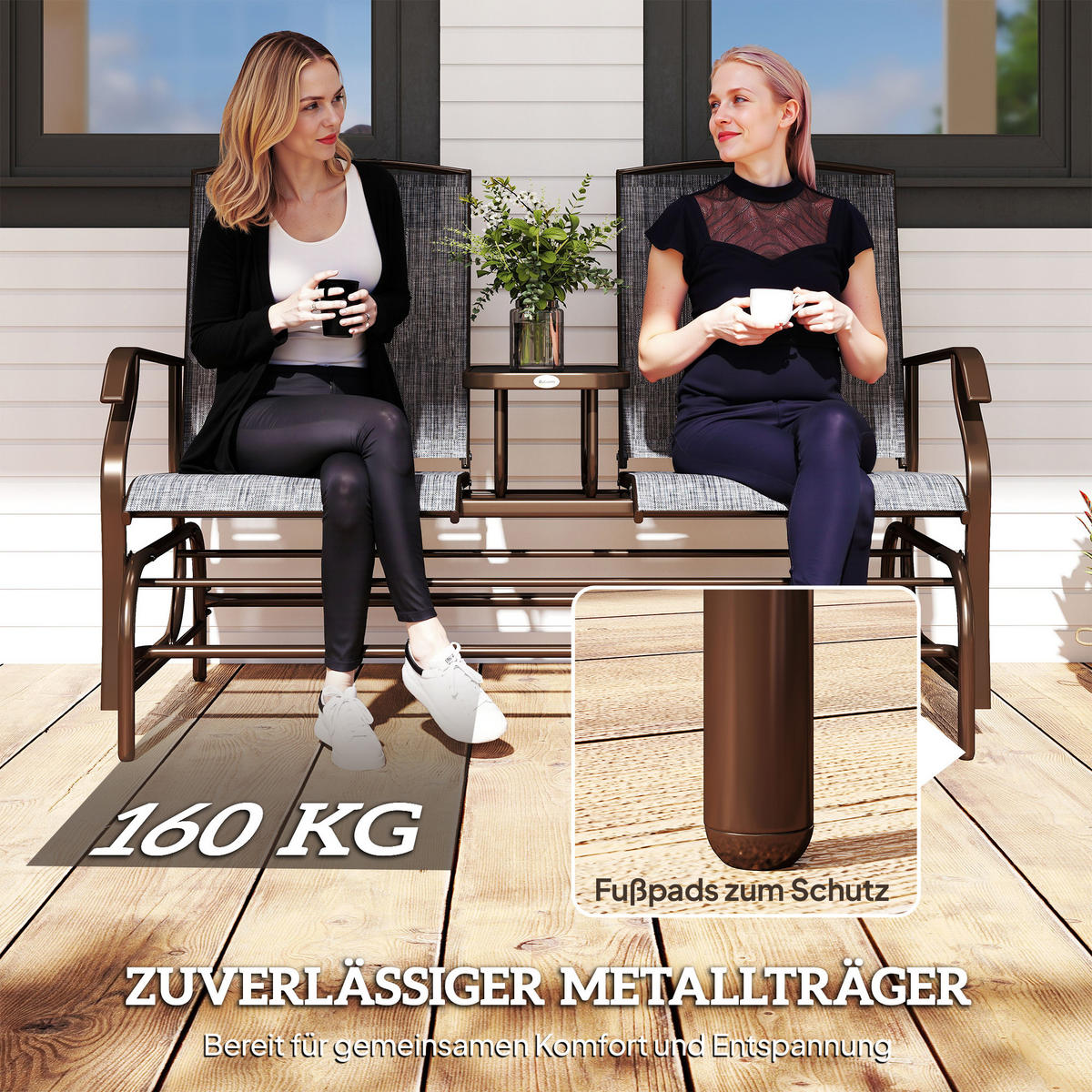 GARTENBANK DE-07056 2-Sitzer mit Mittelablage, wetterfest - Braun/Grau, Textil/Metall (147/101.5/78cm) - ComfortXL
