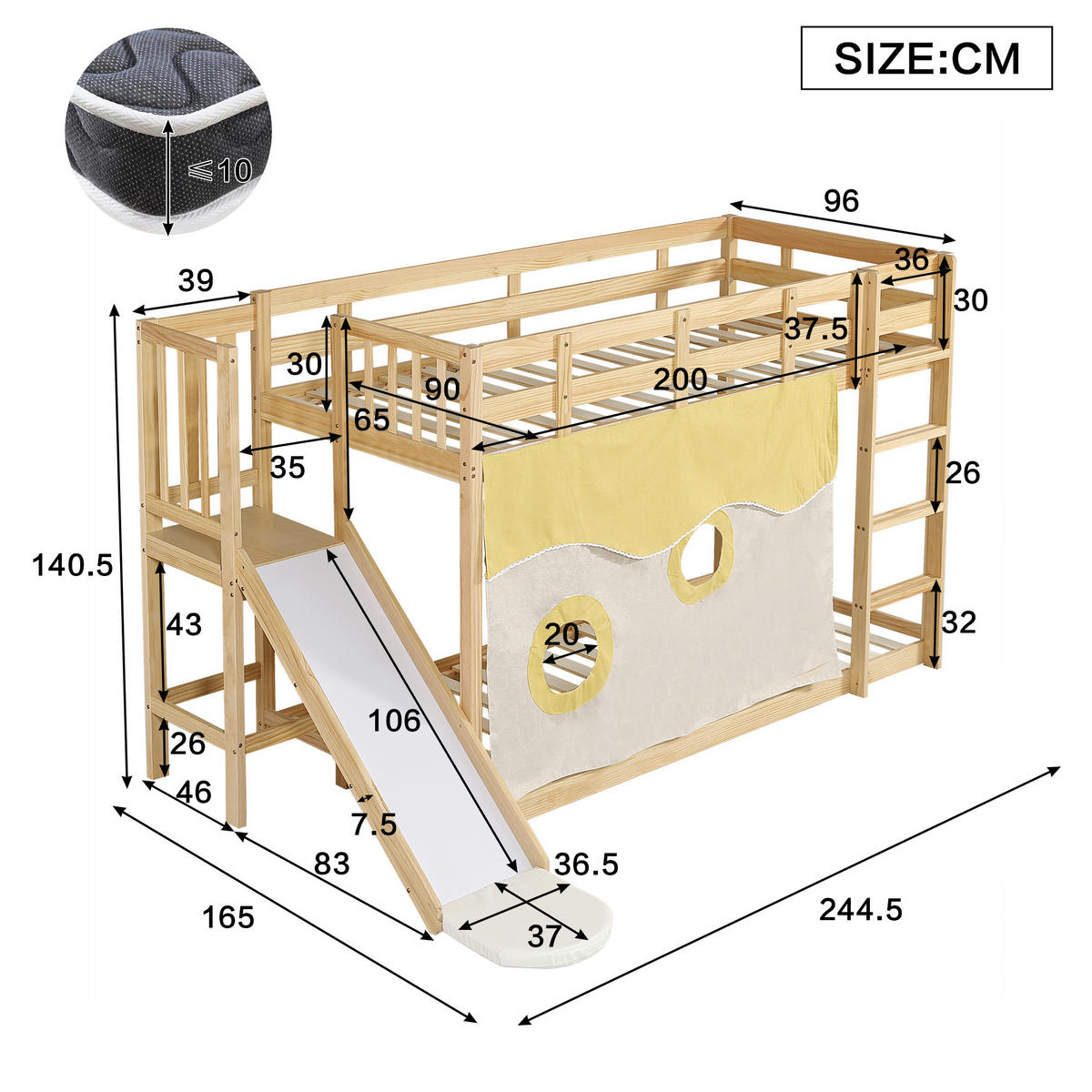 ETAGENBETT 90x200cm mit Bettvorhang und Rutsche, Natur - Naturfarben, Holz (90/200cm) - KOMHTOM