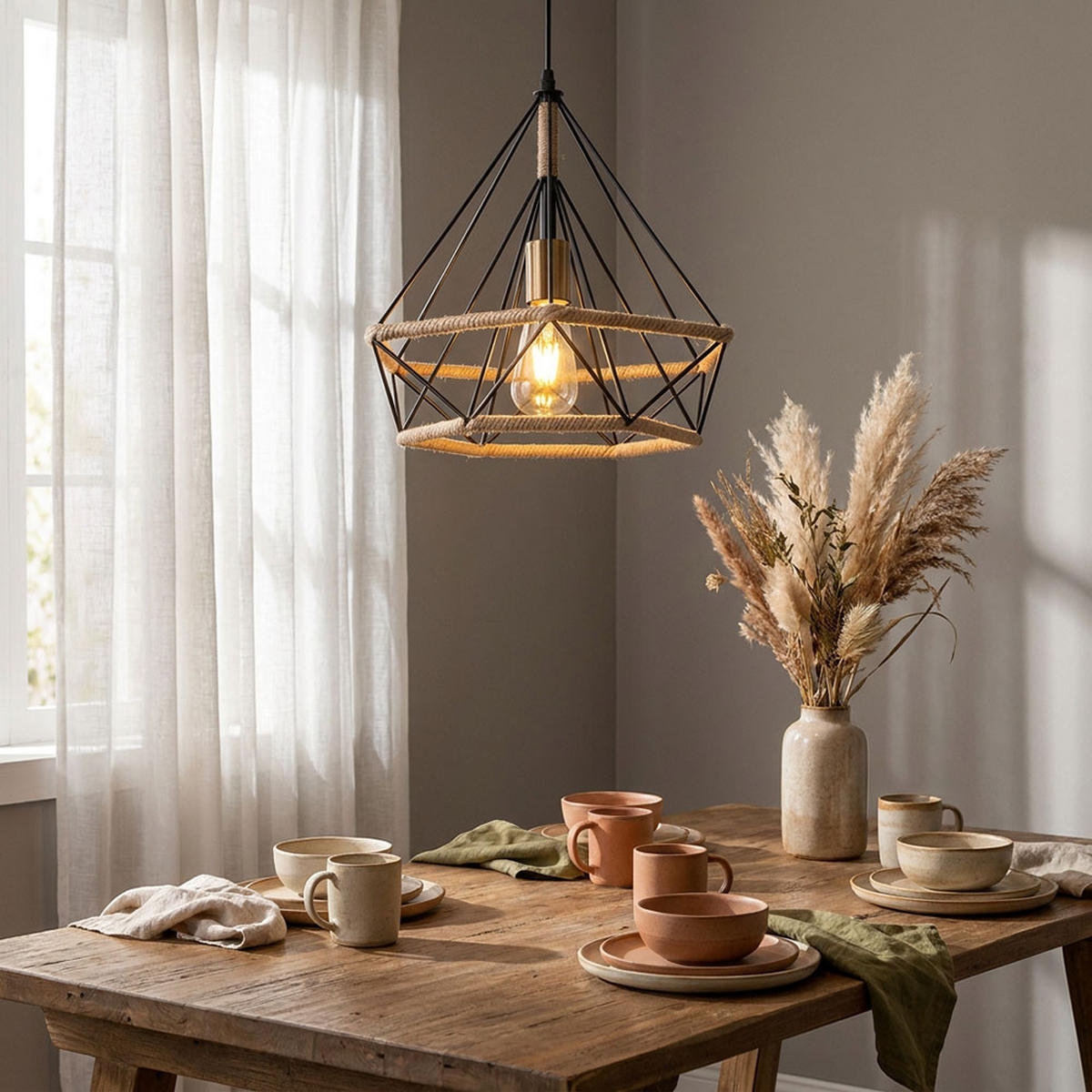 LED Hängeleuchte Hanfseil Braun - Schwarz, Metall (38/38/150cm) - Globo Lighting