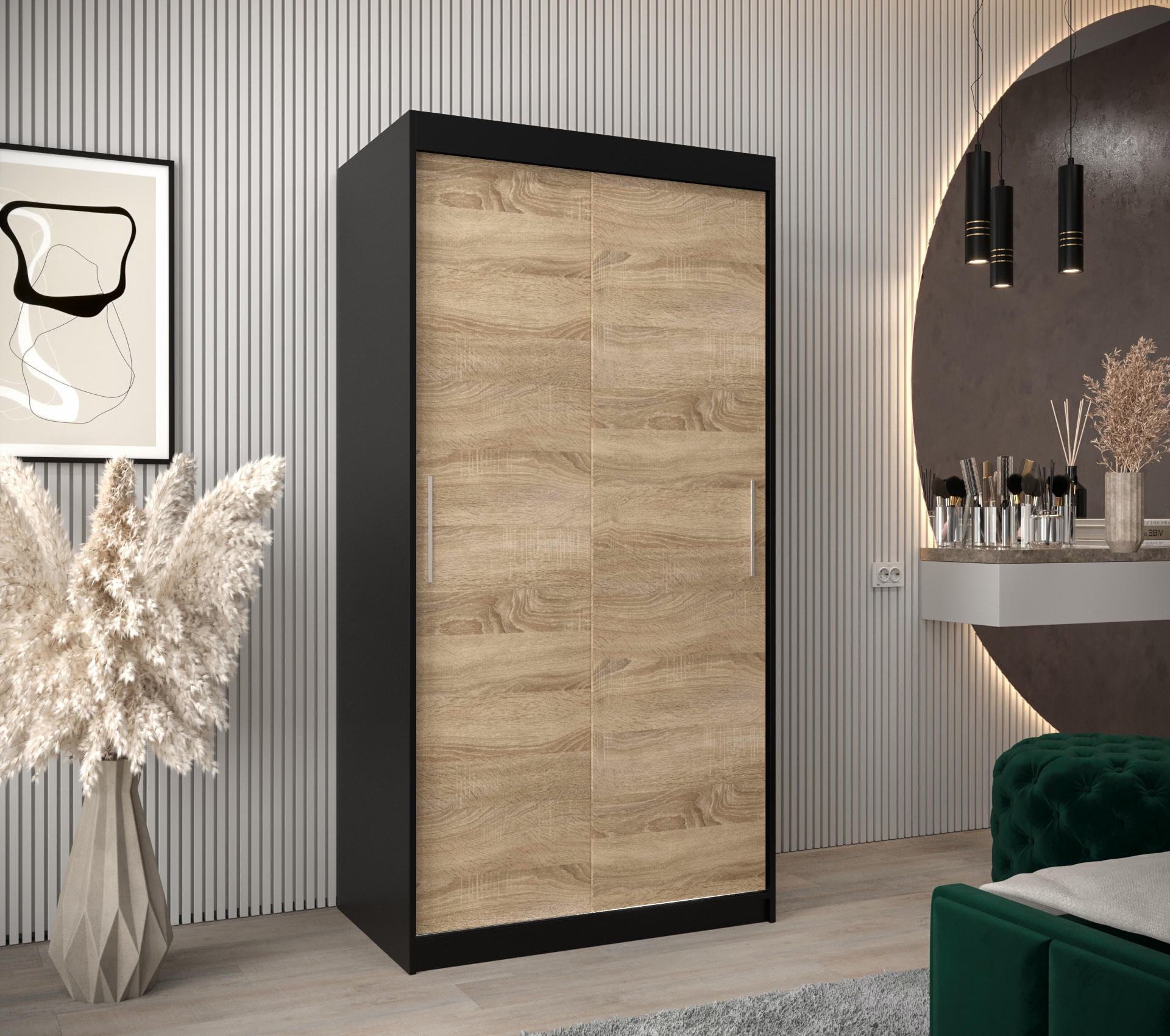 SCHWEBETÜRENSCHRANK 200/100/62 2-türig - Silberfarben/Schwarz, Holz/Kunststoff (100/200/62cm) - Abiks Möbel
