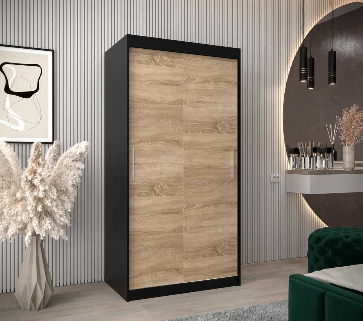 SCHWEBETÜRENSCHRANK 200/100/62 2-türig - Silberfarben/Schwarz, Holz/Kunststoff (100/200/62cm) - Abiks Möbel