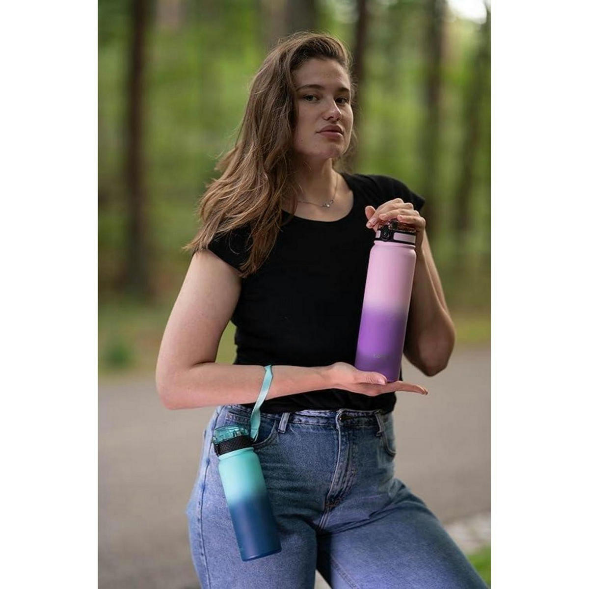 THERMOSFLASCHE 1 Liter mit Strohhalm und Trageriemen, Edelstahl, auslaufsicher, BPA-frei, Rosa/Lila - Multicolor, Metall (8/8cm)