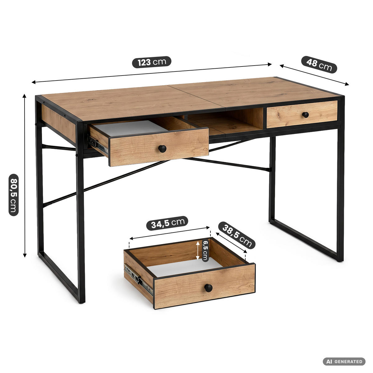 SCHREIBTISCH ELOSNIS 123 cm Craft Eiche - Eichefarben/Schwarz, Holzwerkstoff (123/48/80.5cm) - Akord