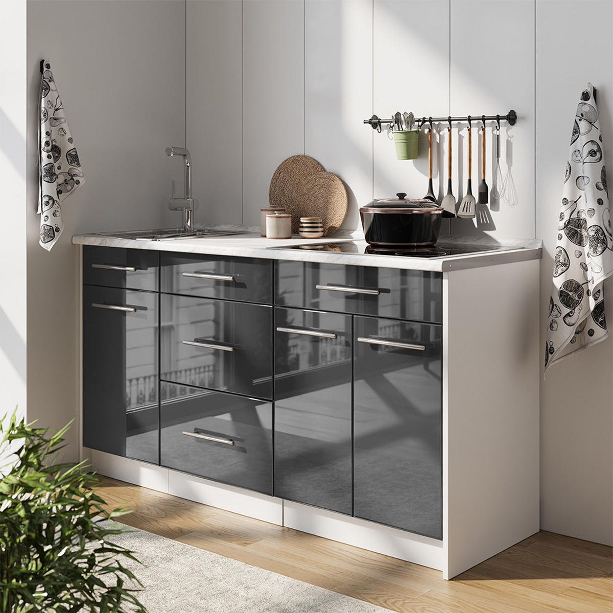 KUCHYNSKÝ BLOK Fame-Line, Antracit vysoký lesk/biely, 150 cm, AP Oak - biela/čierna s vysokým leskom, kompozitné drevo (150/82/60cm) - Vicco