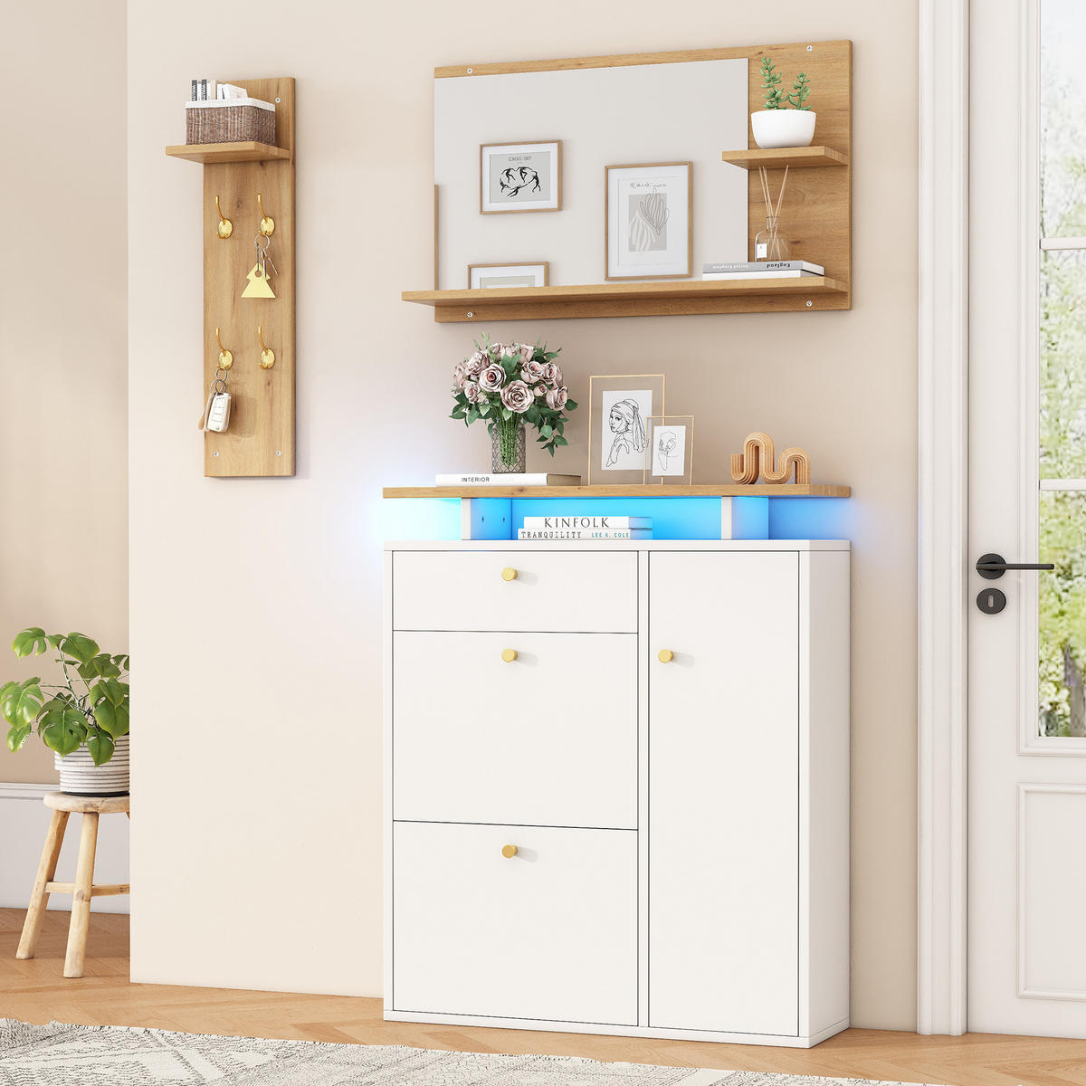 GARDEROBENSET 3-tlg mit Spiegel LED Natur Weiß 105x25x151.5cm - Weiß, Holzwerkstoff (25/151.5/105cm) - FLIEKS