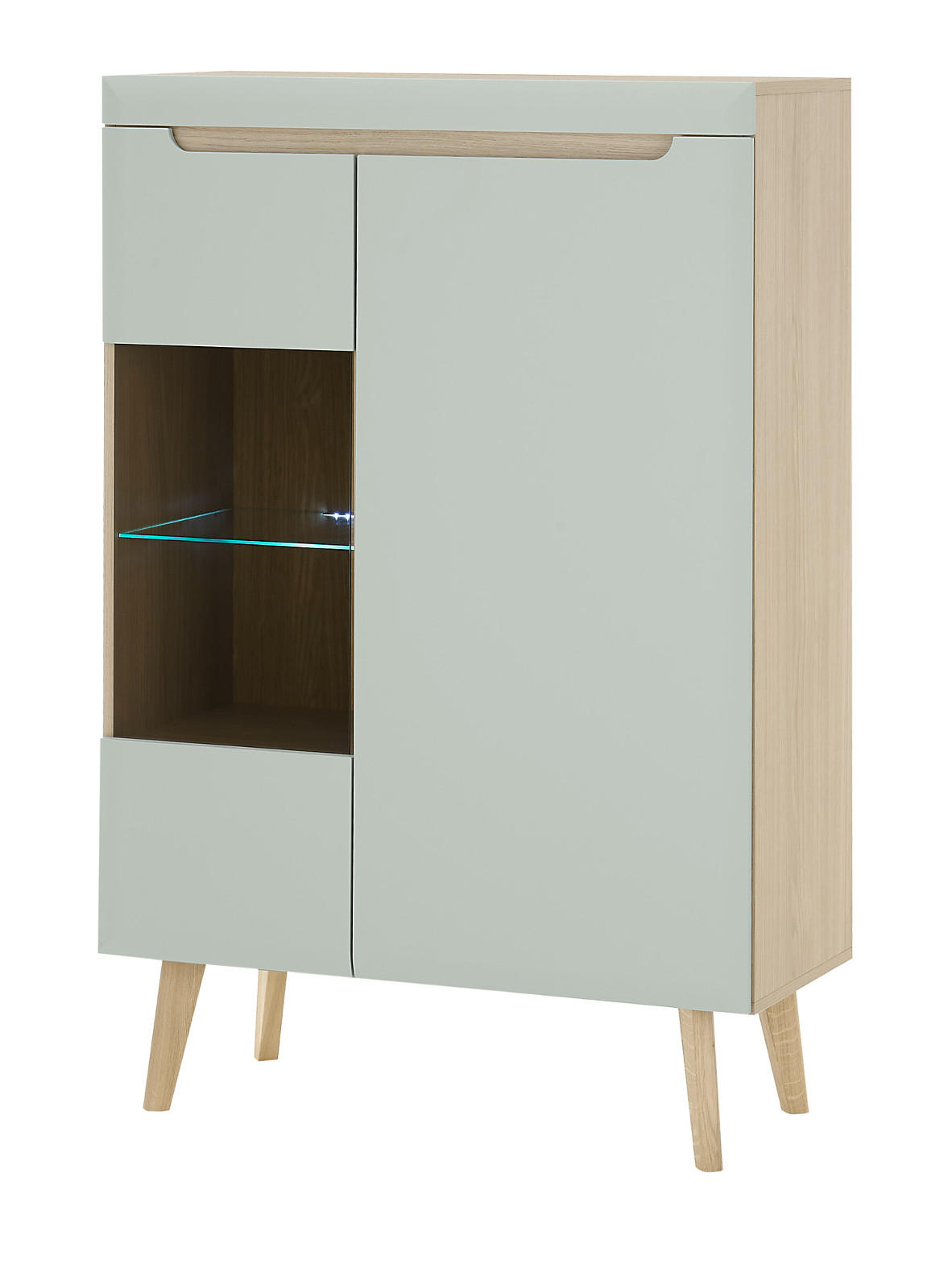 HIGHBOARD Pistazie grün, Eiche, skandinavisch 90 x 134 cm, Vitrine mit Soft-Close-Funktion - Eichefarben/Pastellgrün, Glas/Holz (90/134/40cm) - Furn.Design