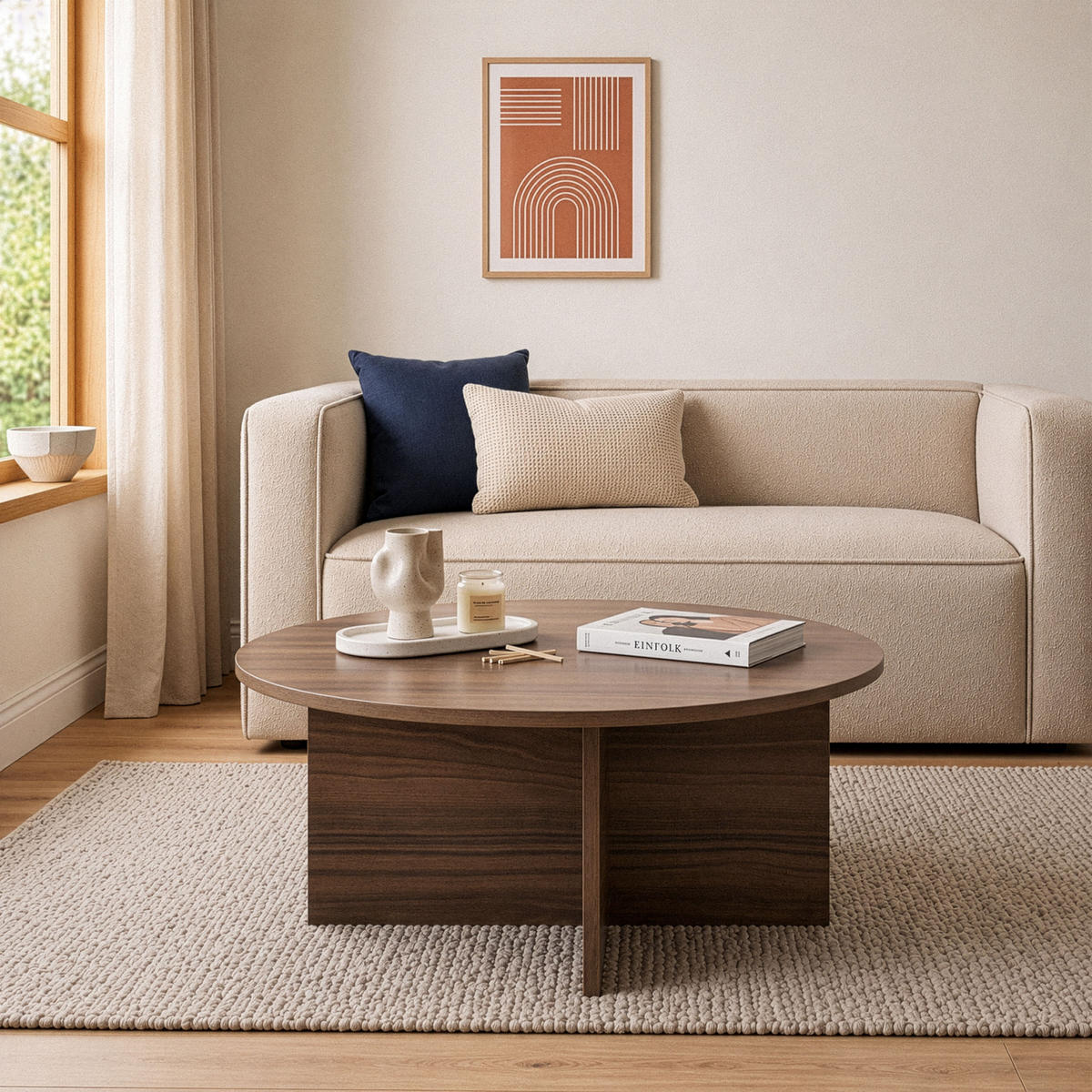 COUCHTISCH mit abgerundeter Platte - soleil 90/90/40 cm - Naturfarben, Holzwerkstoff (95/90/40cm) - Calicosy