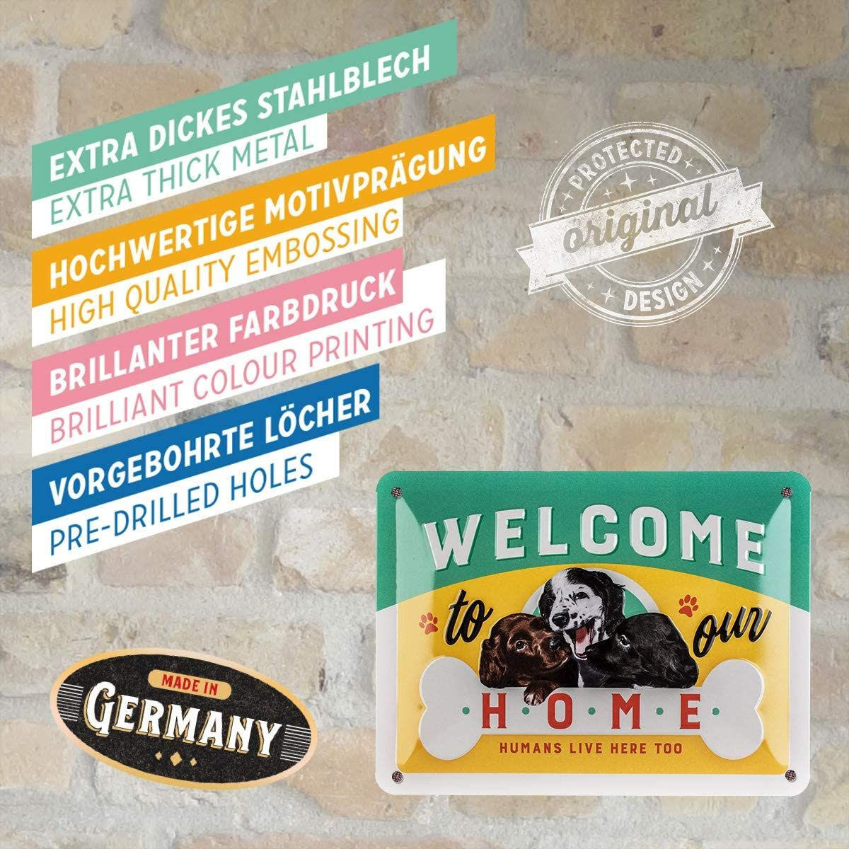 BLECHSCHILD 15/20 cm Animal Club Welcome Puppies - Multicolor, Metall (20/15/0.5cm) - Nostalgic-Art