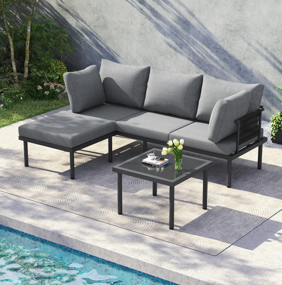 GARTENMÖBEL 173x60x66cm grau aus Olefin und verzinktem Stahl mit Sofaset - Grau, Metall - Modfu