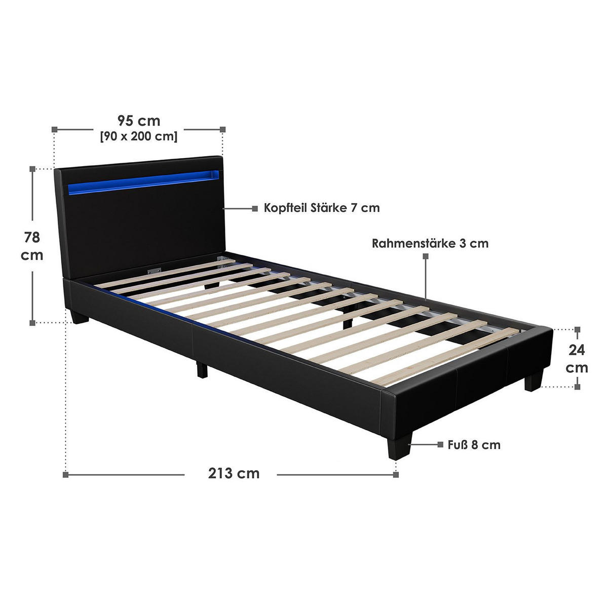 POLSTERBETT Verona mit LED schwarz 90x200cm - Schwarz, Holz (90/200cm) - Juskys