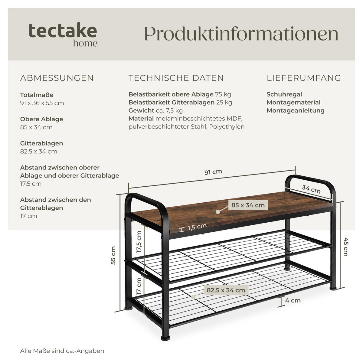 SCHUHREGAL Southampton,91 x 36 x 55 cm,Industrial Holz dunkel, rustikal - Rostfarben, Metall (36/55/91cm) - tectake