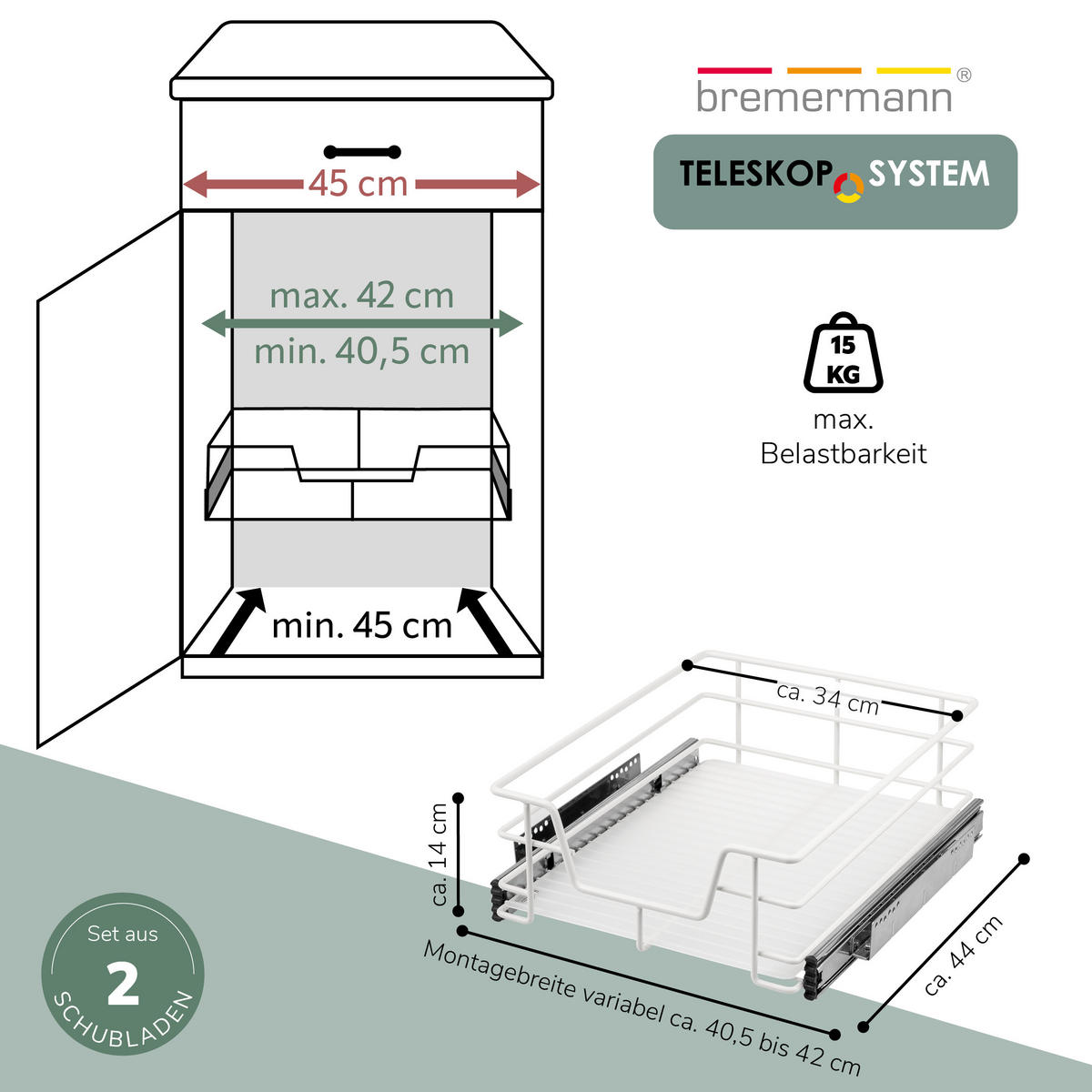 TELESKOPSCHUBLADEN (2er Set), für 45 cm Schrank, Metall, Weiß - Chromfarben, Metall (42/14/44cm) - bremermann