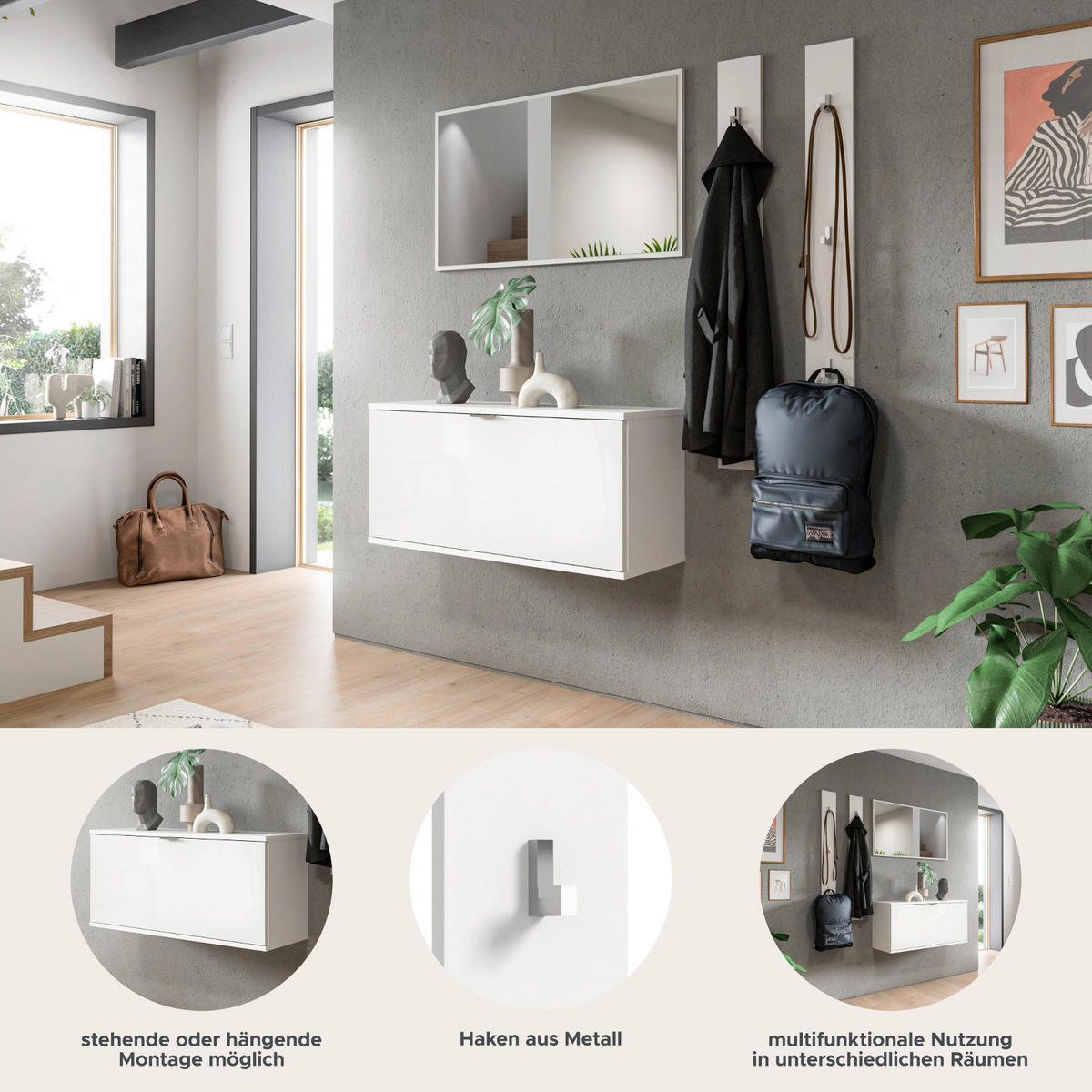 GARDEROBE Set 4-teilig weiß Hochglanz 14 cm, Garderobenkombination mit Spiegel hängend - Chromfarben/Weiß Hochglanz, Glas/Holzwerkstoff (147/193/34cm) - Inn.Furn