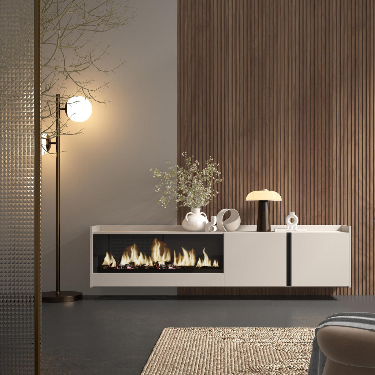 LOWBOARD, Beige, 212/35/50cm, Kamin mit Feuereffekt XXL - Beige, Holzwerkstoff (212/50/35cm) - Skraut Home