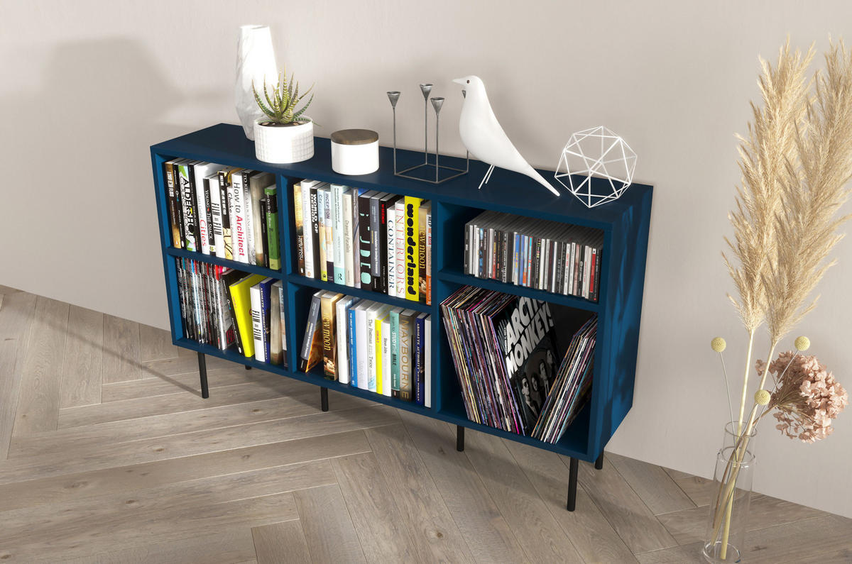 SIDEBOARD Mirka, Marinblau, offene Fächer, Minimalistisch - Schwarz/Dunkelblau, Holzwerkstoff/Metall (130/80/30cm) - Dancan