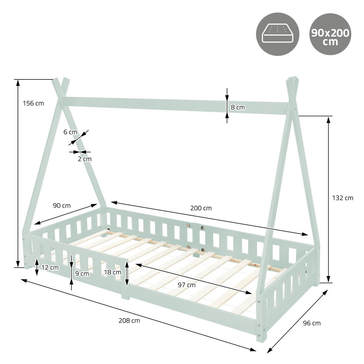 KINDERBETT Tipi mit Matratze 90x200 cm Mint - Mintgrün, Holz (90/200cm) - ML-DESIGN
