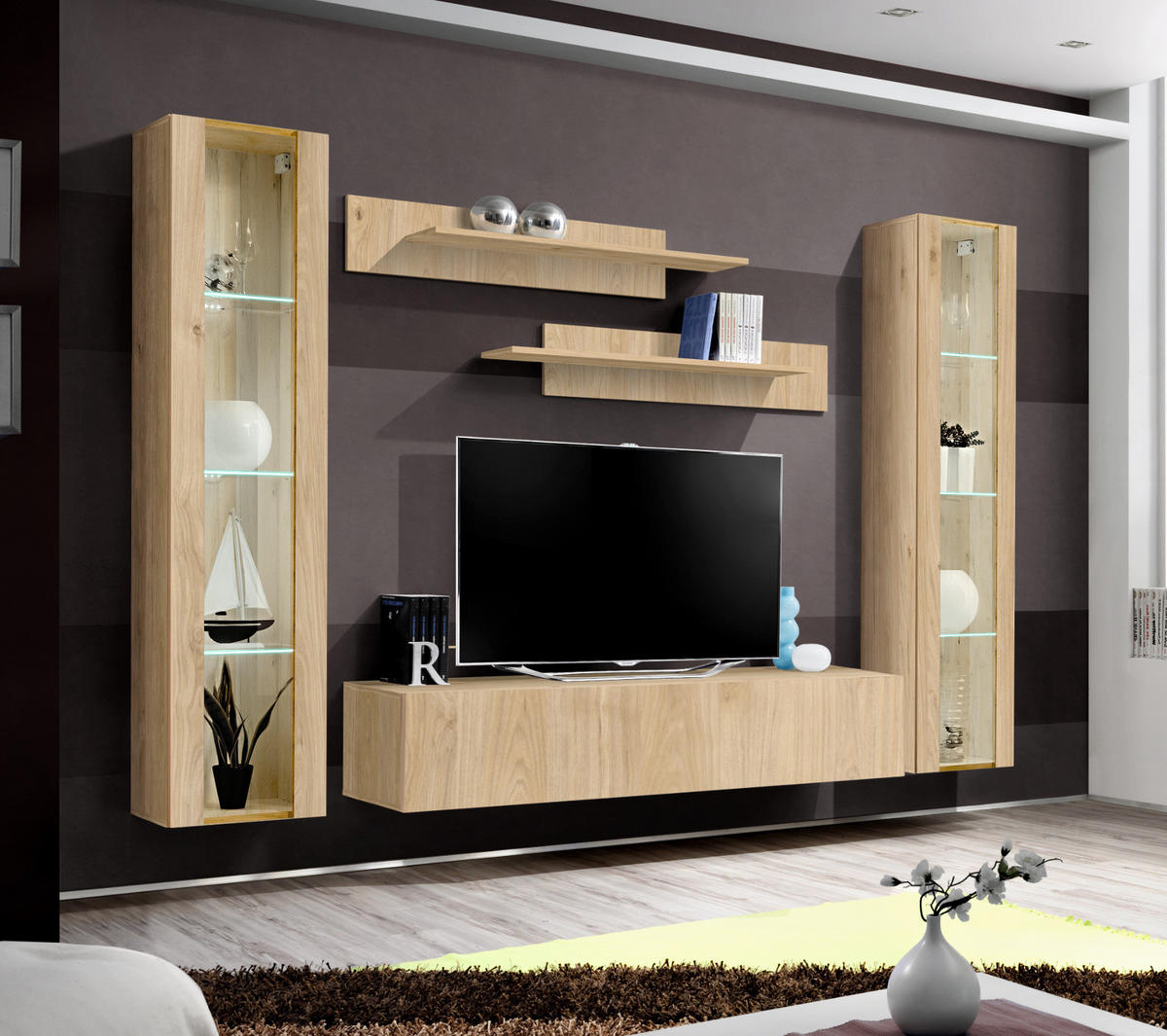 WOHNWAND Eiche Jackson 5-teilig 260 cm, Schrankwand hängend mit LED und Push-to-Open - Eichefarben, Glas/Holzwerkstoff (260/170/40cm) - Inn.Furn