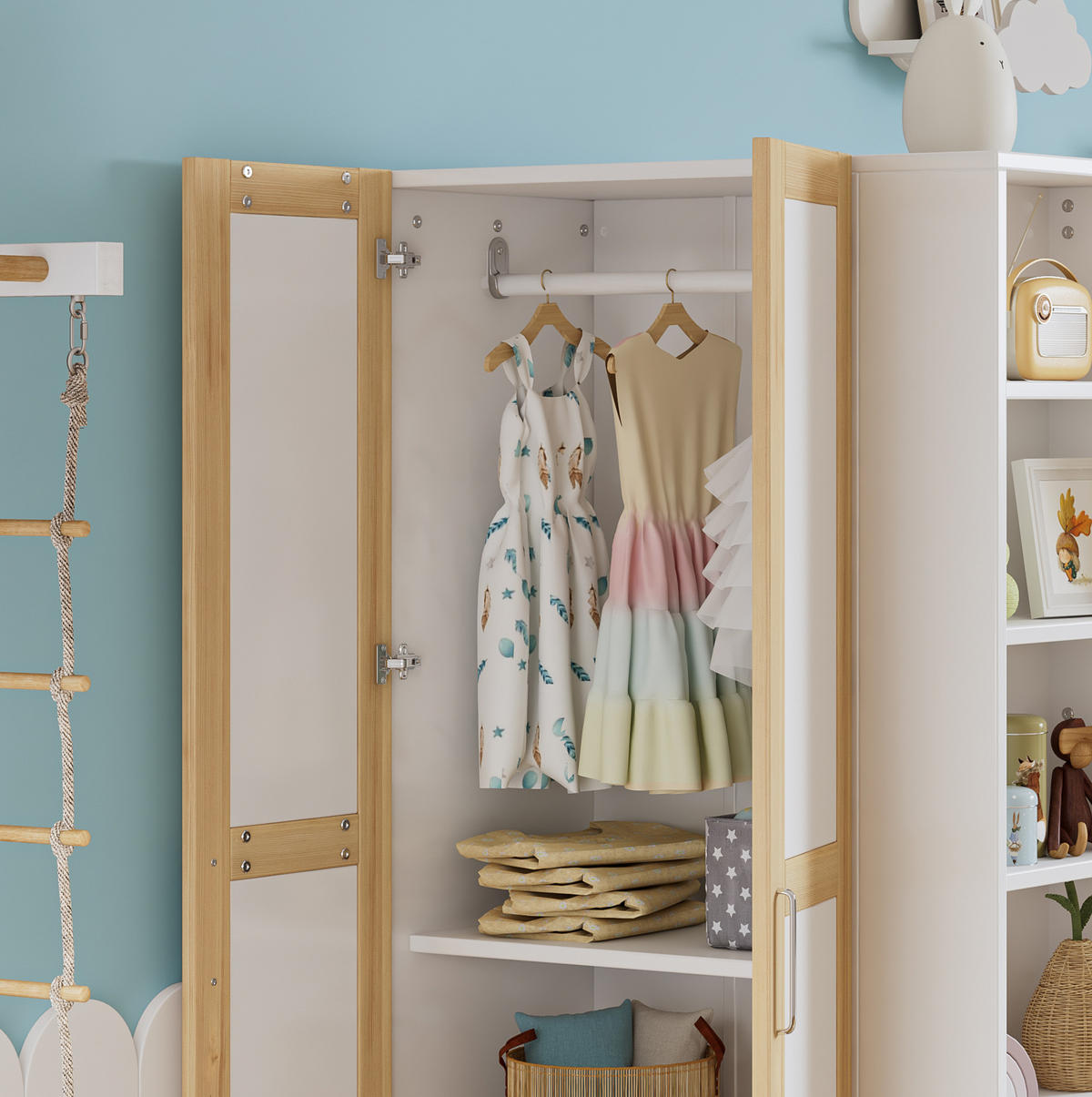 ETAGENBETT 90/200 cm Weiß+Natur mit Fallschutz und Kleiderschrank aus Kiefer und MDF - Weiß, Holzwerkstoff (90/200cm) - OKWISH