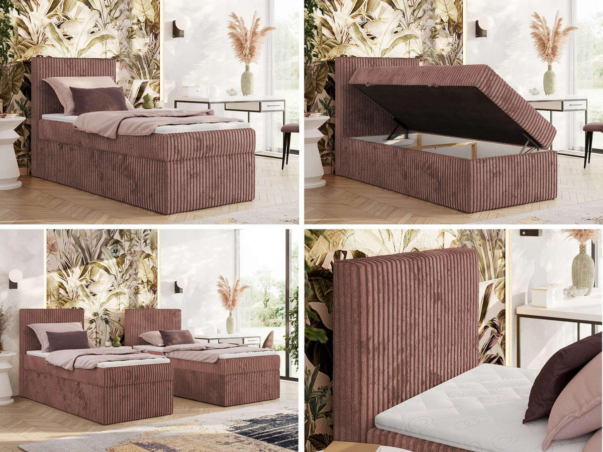 BOXBETT TILIANO 90/200 - Rosa Cord - H3 - Visco Topper - Links - Rosa, Textil (90/200cm) - MKS