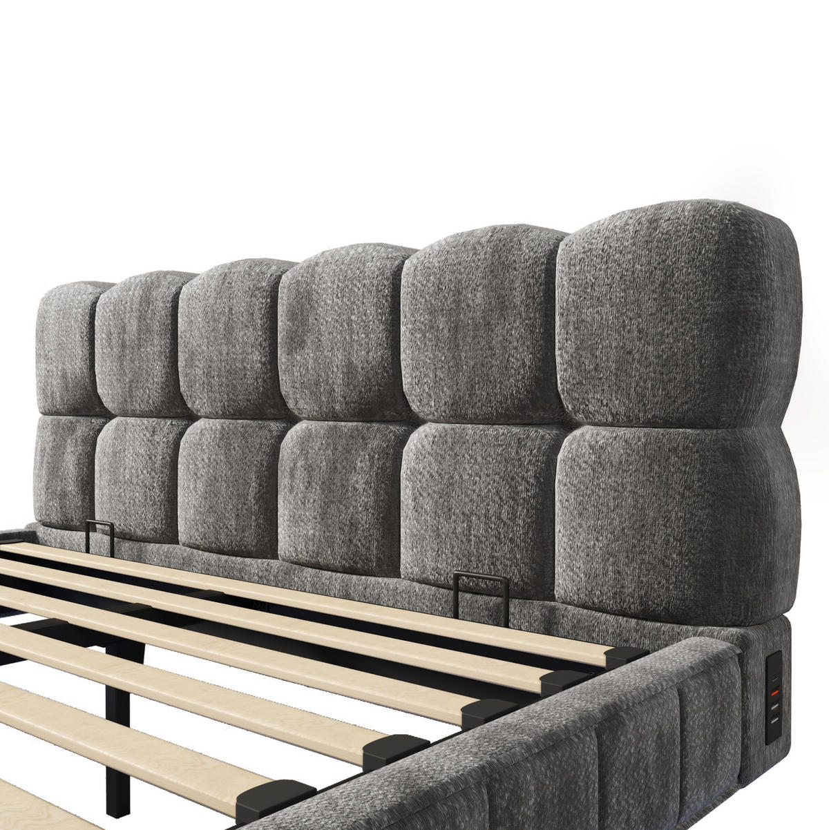 POLSTERBETT aus Chenille 140x190 cm Grau mit Bettkasten, LED und USB-/Typ-C-Anschlüssen - Grau, Textil (140/190cm) - Modfu