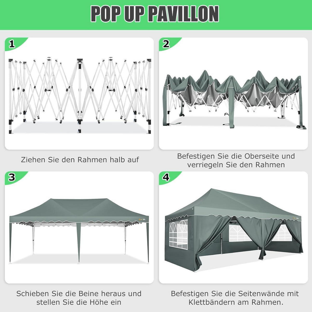 FALTPAVILLON 3x6 m Grau mit 6 Seitenwänden Metall - Grau, Metall (300/203/600cm)