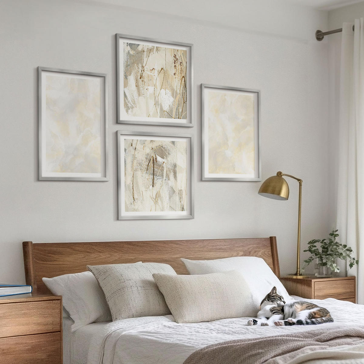 BILDER SET 4er Set - 50x50 cm & 40x60 cm Silberner Rahmen - Helles Strukturfarbendesign - Silberfarben, Kunststoff (50/50cm) - TULUP
