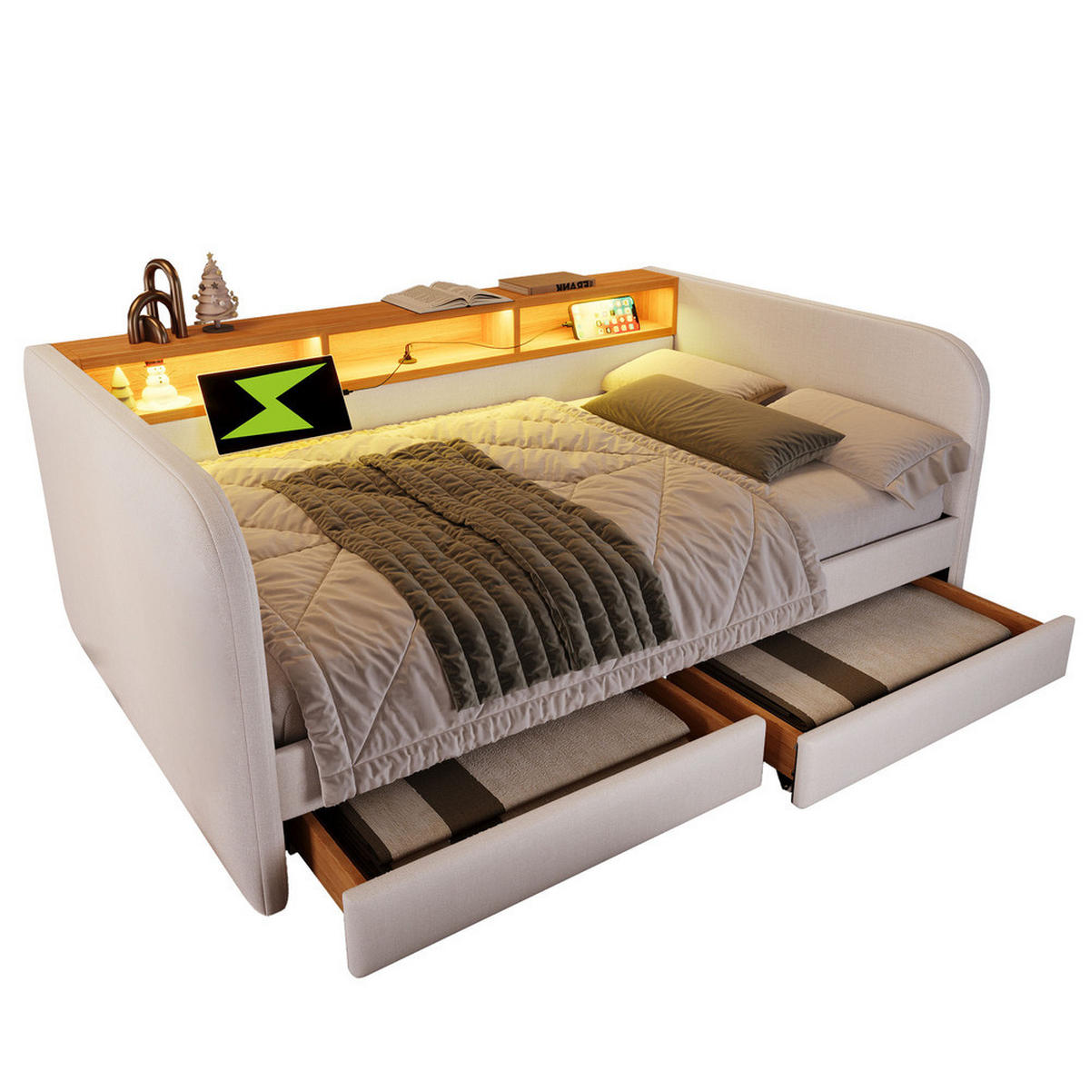TAGESBETT 140x190cm Schlafsofa mit LED & USB-C 2 Schubladen Hellbeige - Beige, Holz (140/190cm) - FLIEKS