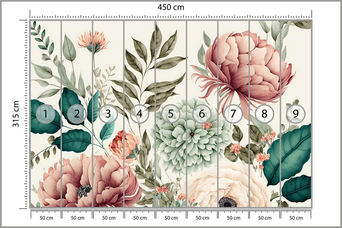 FOTOTAPETE für Schlafzimmer Pastell Pfingstrosen Blüten Blätter 450x315 - Türkis/Blau, Papier (450/315cm) - Muralo