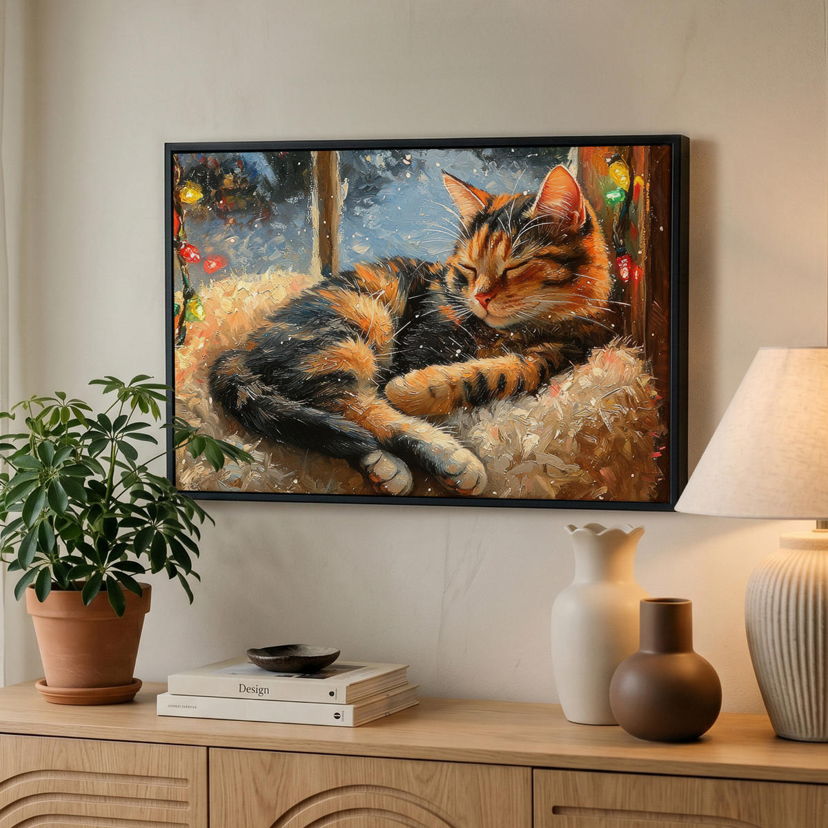 LEINWAND Bilder mit Rahmen - Katze - Weihnachten - Winter - Tier - 60x40 - Bernsteinfarben, Textil (60/40cm) - MuchoWow