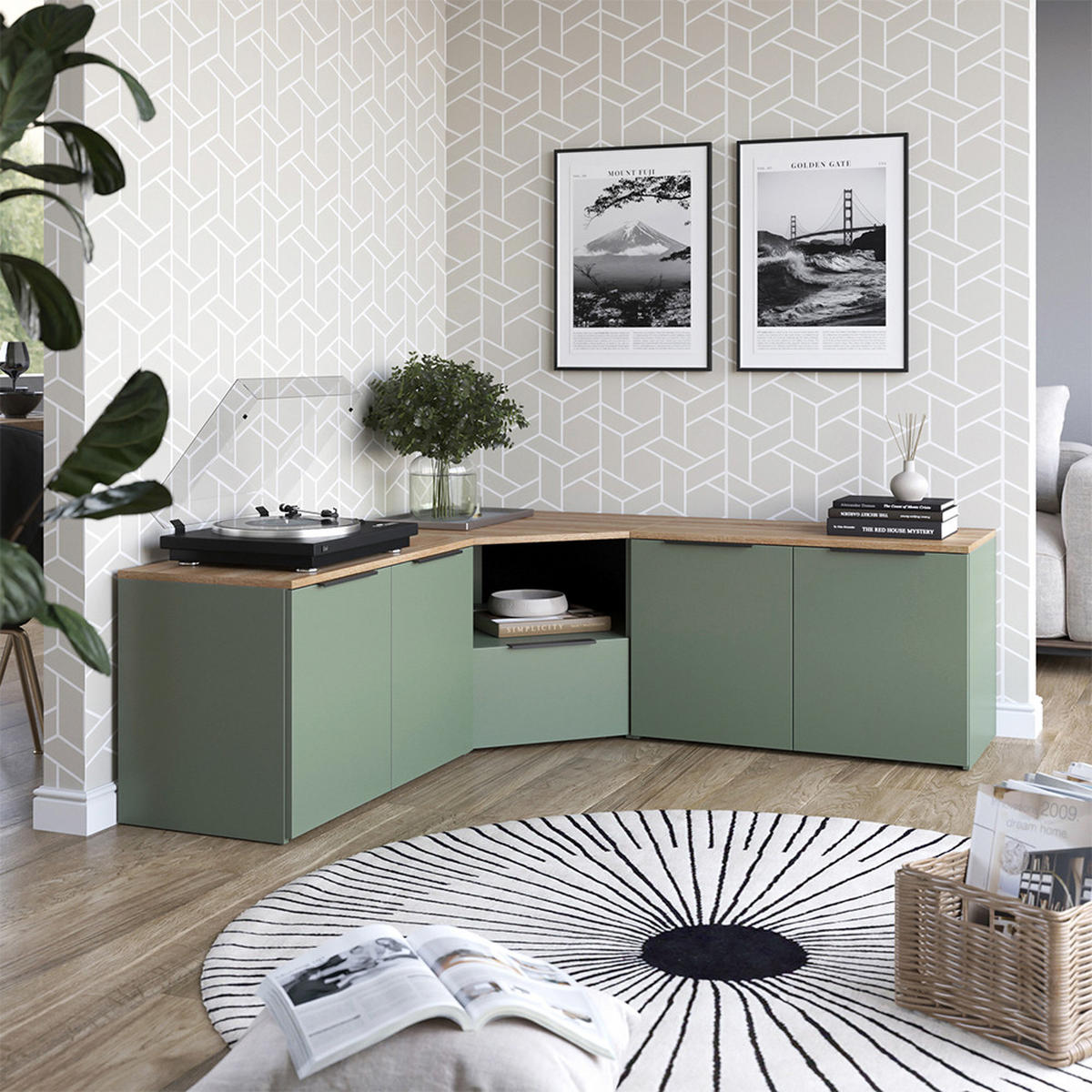 WOHNWAND Wido Grün 3 Teile - Grün/Sonoma Eiche, Holzwerkstoff (68/50/68cm) - Vicco