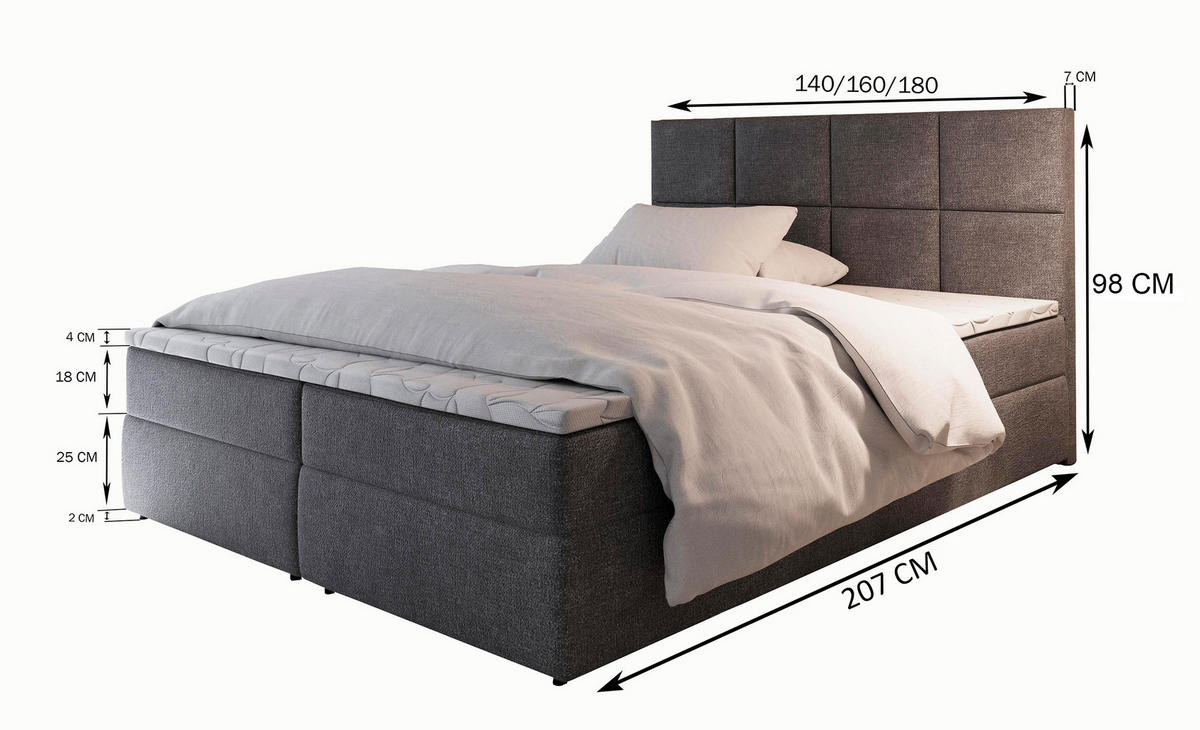 POSTEL BOXSPRING LENA 160x200 cm, s matrací a úložným prostorem, grafitová - grafitová, kompozitní dřevo/textil (160/200cm) - MASSENO