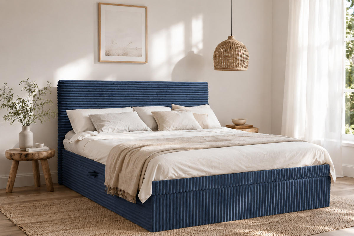 BOXBETT Bettkasten Und Topper TRENTO Ohne Bein Stoff Plüsch Cord 160x200 cm Dunkelblau H3-Bonell - Dunkelblau, Holz/Textil (160/200cm) - Kaiser Möbel