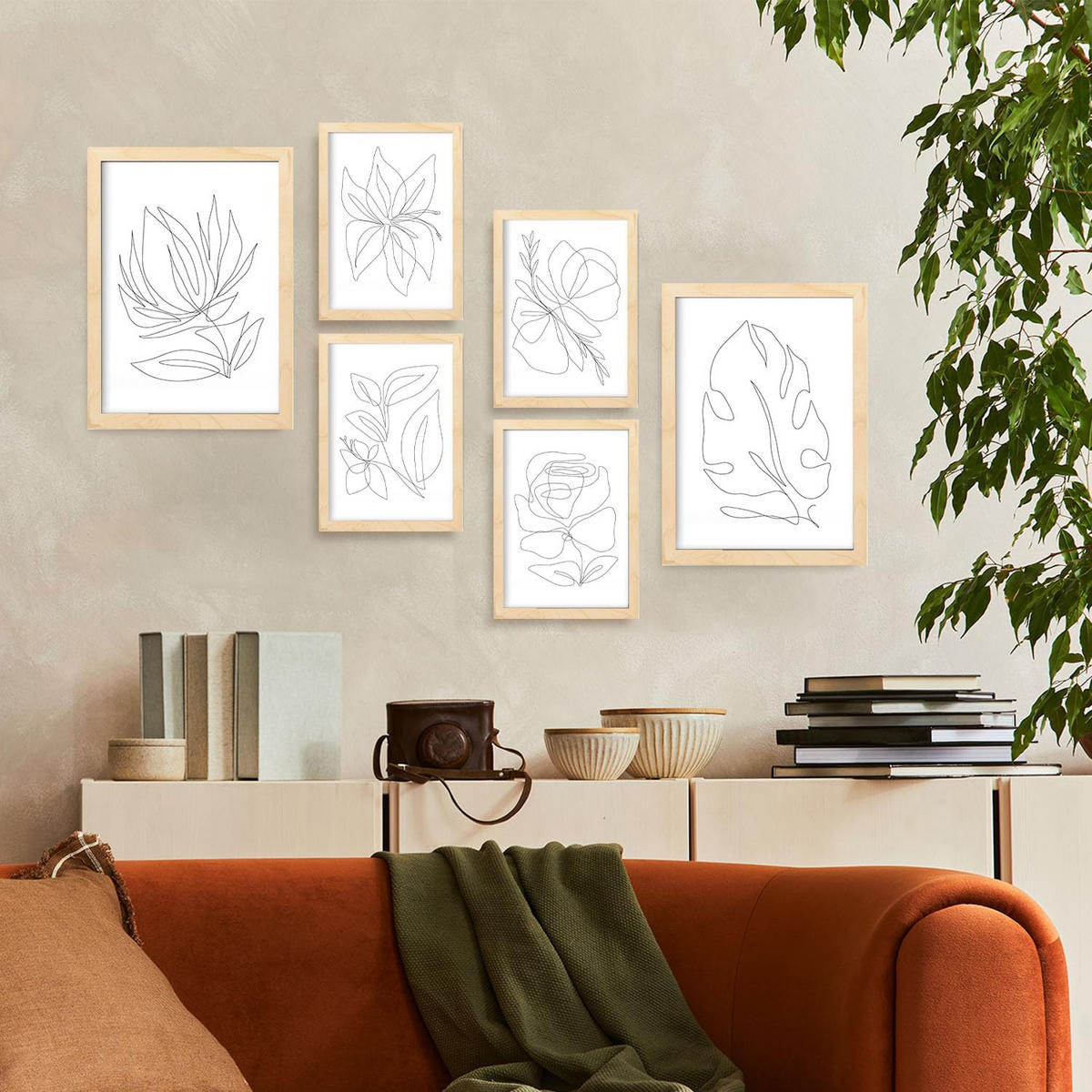 POSTER Set Mit 6 Fairer Fiore In Blume Zusammenfassung Ästhetische Dekorative Gemälde Für Ihr Wohnzimmer Zuhause A3 & A4 Rahmen Aus Hellem Holz - Beige, Papier (29/3cm) - Nacnic