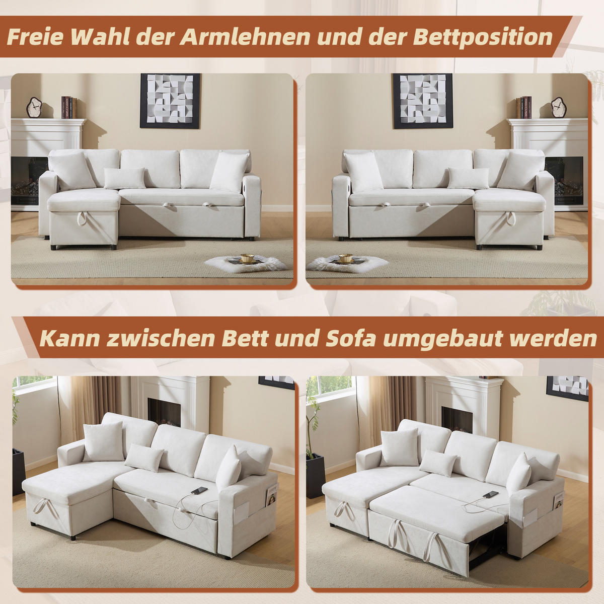 ECKSOFA Eckschlafsofa Stoff mit USB-Anschluss und Stauraum Beige 214/131/87 cm - Beige, Textil (87/131cm) - Redom