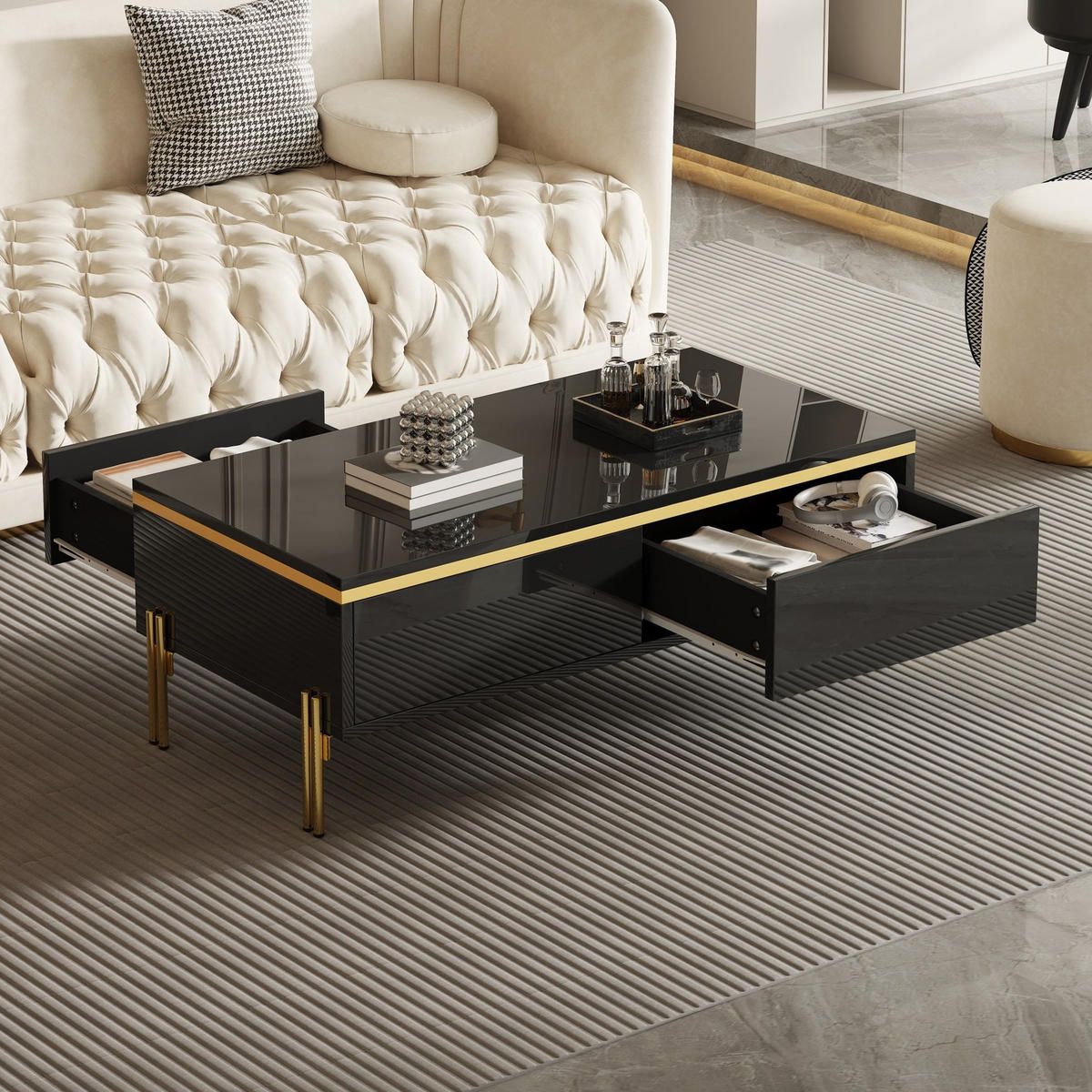 COUCHTISCH aus Spanplatte 100x50x36 cm Schwarz mit 2 Schubladen und Metallbeinen - Schwarz, Holzwerkstoff (100/50/36cm) - IVMEU