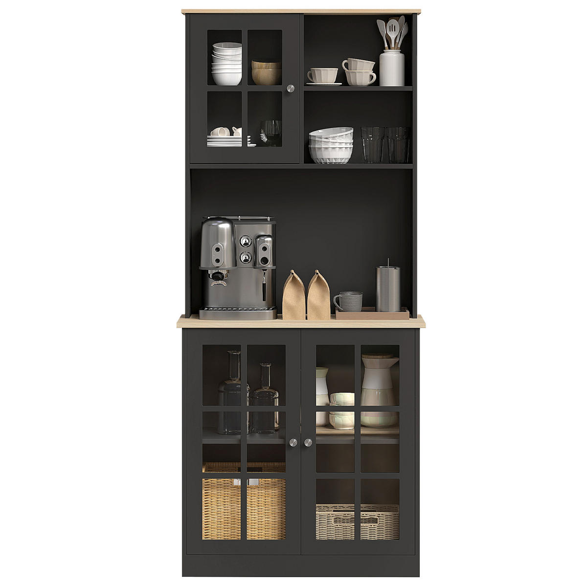 KÜCHENSCHRANK Schwarz und Eiche-Nachbildung, 3 Glastüren, 80/37/183 cm - Schwarz, Holz (203.2/464.82/93.98cm) - PANGIVO