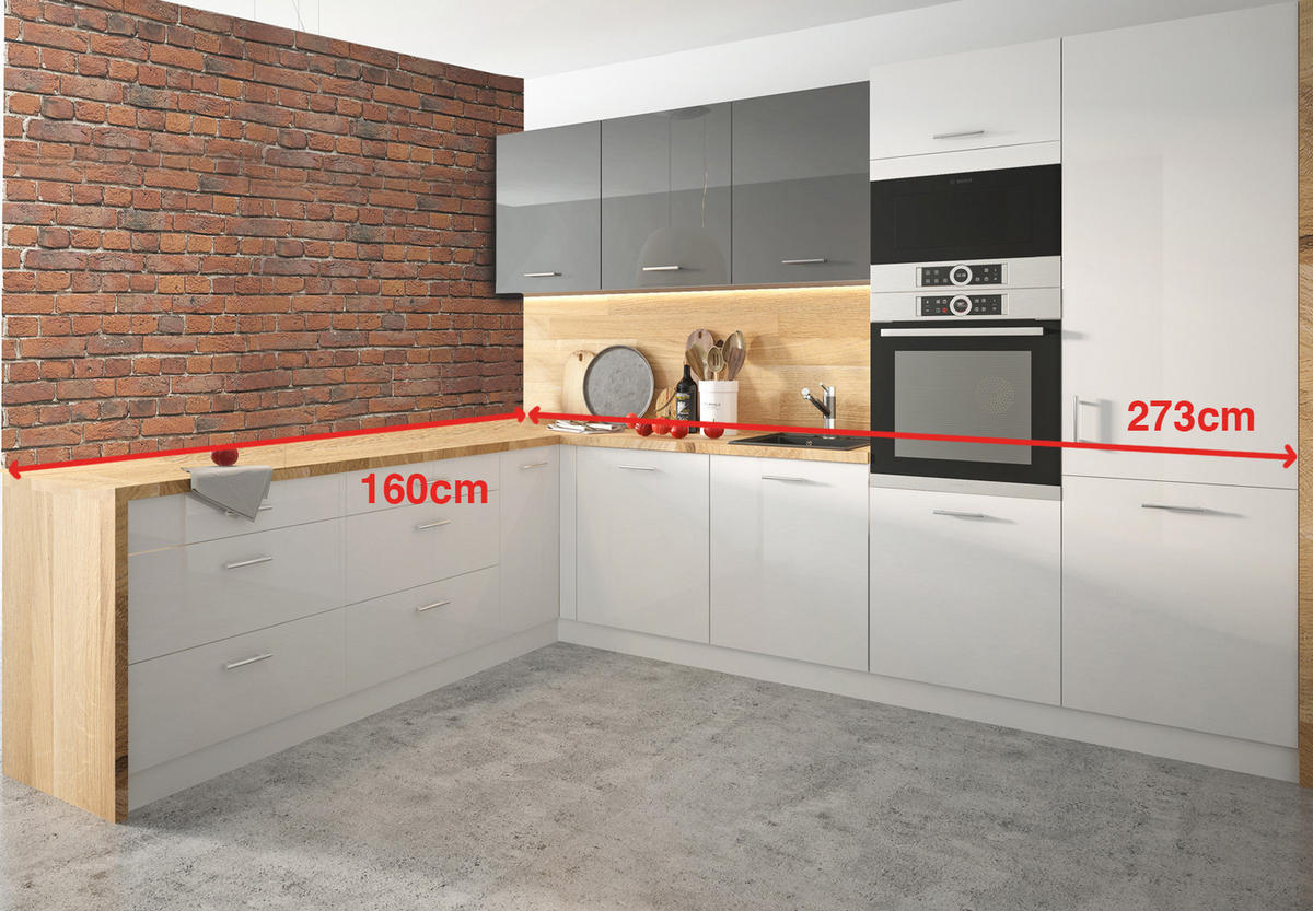 WINKELKÜCHE Essen Trend weiß / weiß-graphit hochglanz 10-teilig - Weiß/Grau, Holzwerkstoff (160/207/273cm) - Feldmann-Wohnen