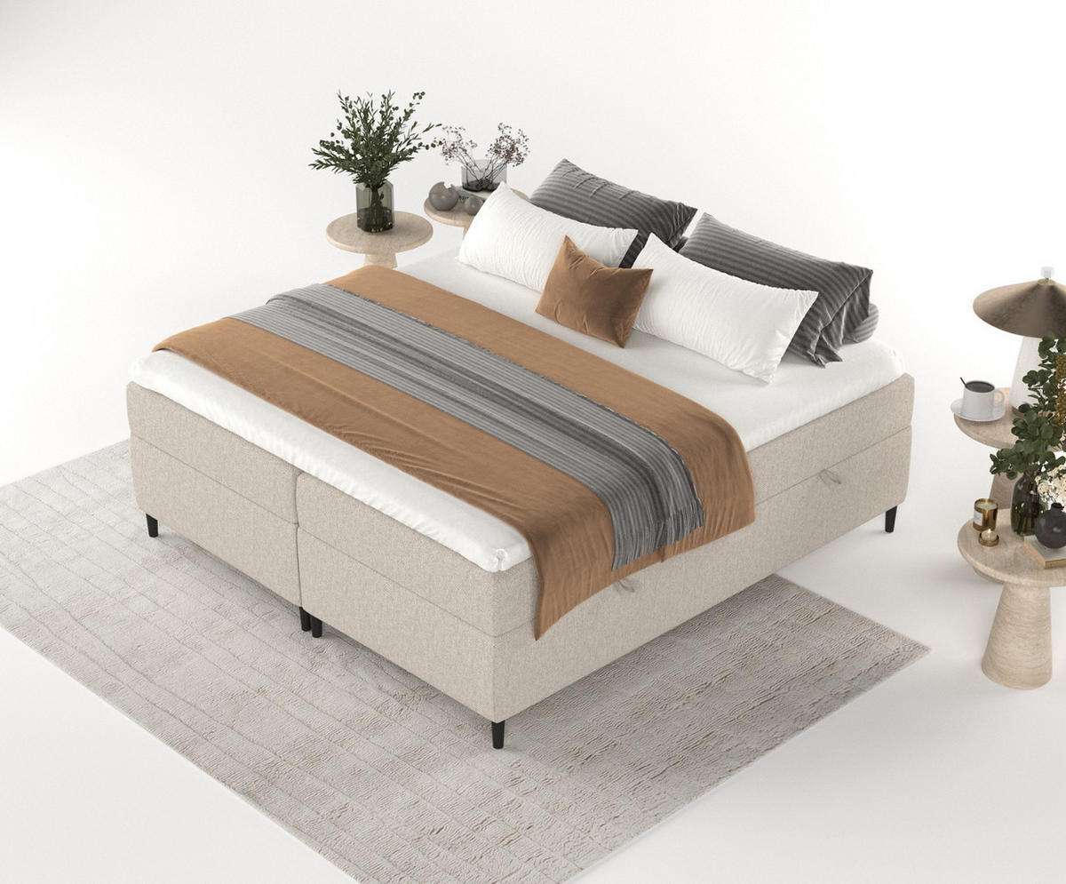 BOXBETT Theo 160/200 cm Hellbeige im Megan Stoff - Sandfarben/Schwarz, Holz/Holzwerkstoff (160/200cm) - AltaBeds