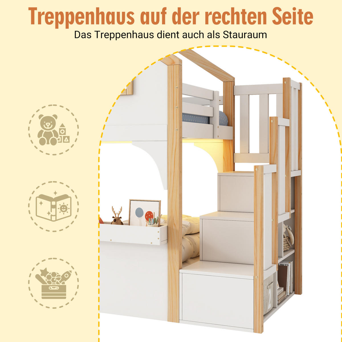 ETAGENBETT mit Stauraumtreppe und LED 90x200 cm Kiefernholz Weiß - Weiß, Holzwerkstoff (90/200cm) - Beauniv