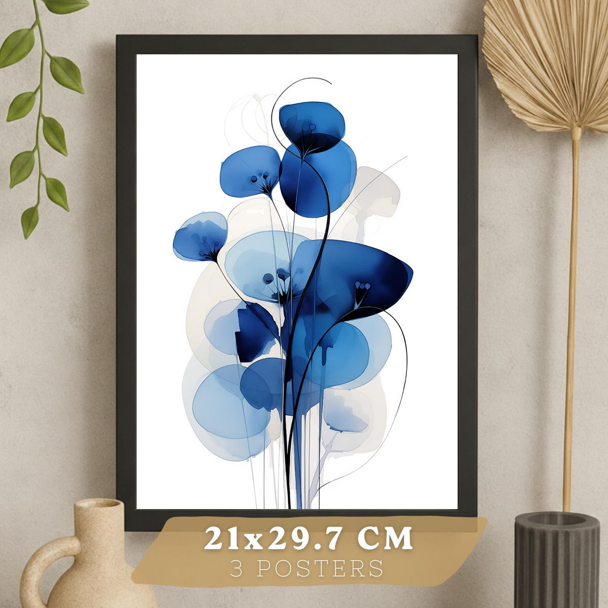 PLAKAT Sada 3 Modré květy A3 Černý rám - černá, papír (29.7/1/42cm) - Nacnic