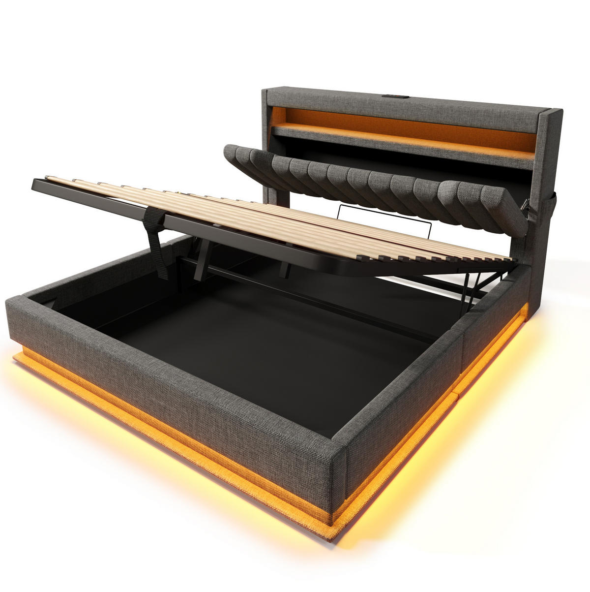 POLSTERBETT mit Stauraum, LED und USB 160x200 cm Leinen Grau - Grau, Metall (160/200cm) - Meubliv