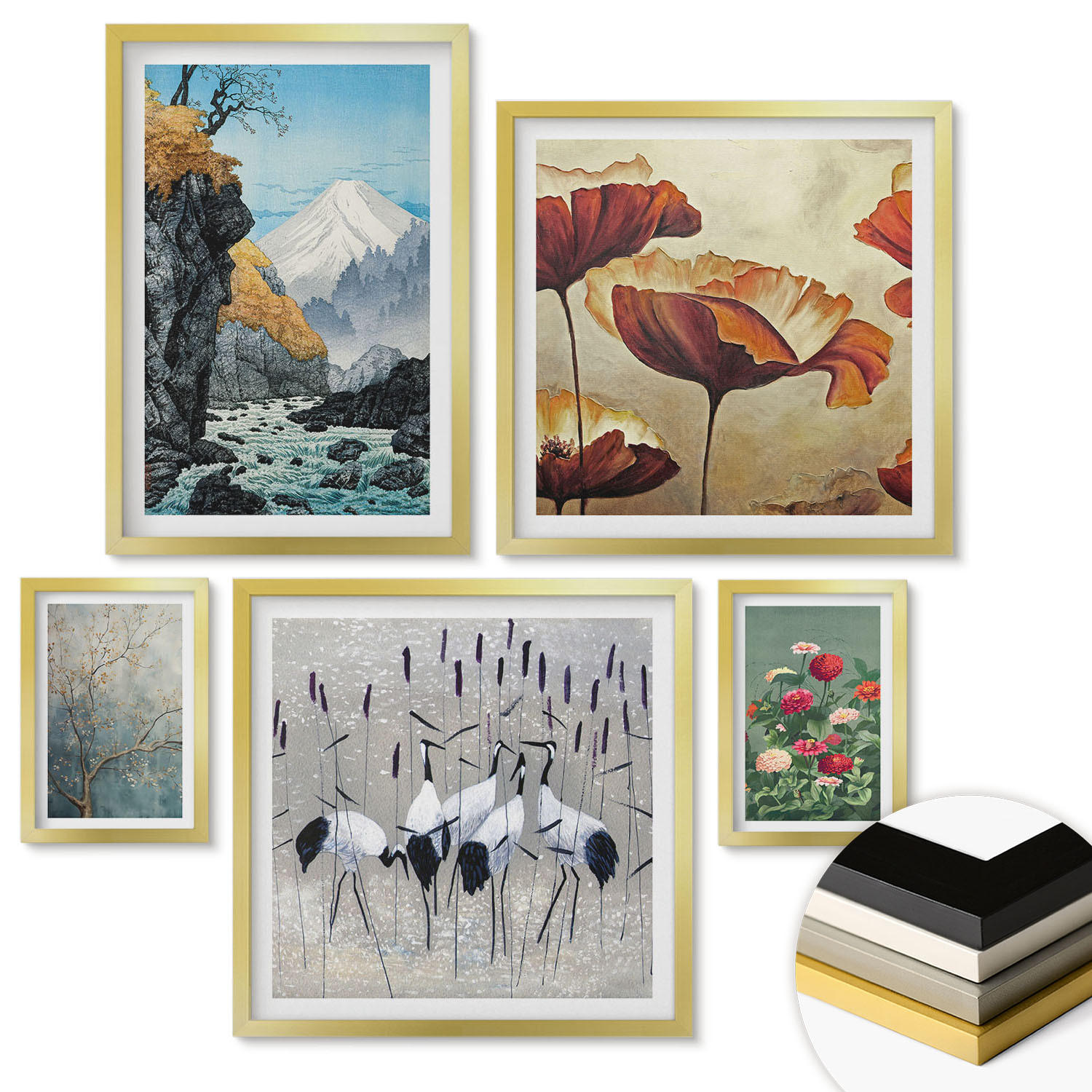 WANDBILDER 5er Set - 50x50 cm & 20x30 cm & 40x60 cm Goldrahmen - Tropische Pflanzen, Pflanzenliebhaberin - Goldfarben, Kunststoff (40/60cm) - ArtPrintCave