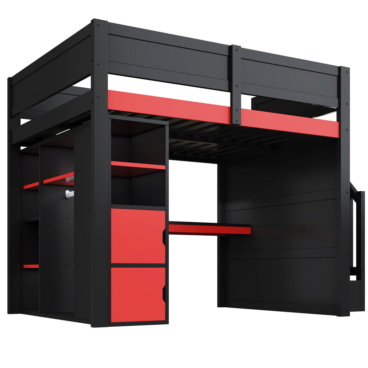 HOCHBETT 140/200 cm aus Holzwerkstoff mit Schreibtisch und LED-Beleuchtung Schwarz/Rot - Schwarz, Holzwerkstoff (140/200cm) - Modenvie