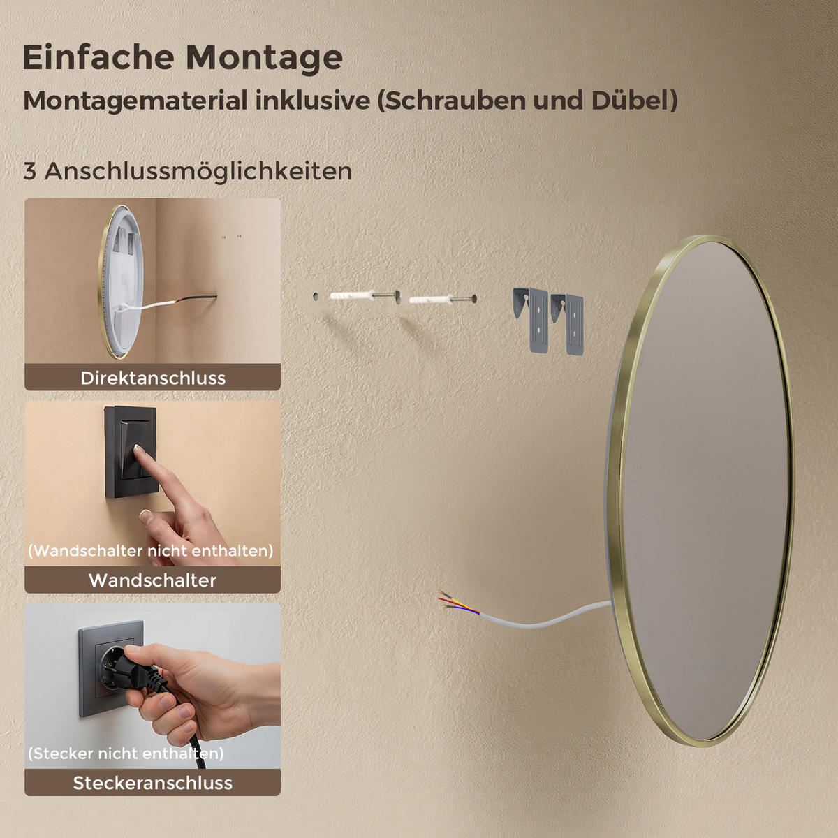BADSPIEGEL mit Beleuchtung 70 cm rund gold mit Aluminiumrahmen, LED dimmbar und Antibeschlag - Goldfarben, Glas (70/70/3.3cm) - S'AFIELINA